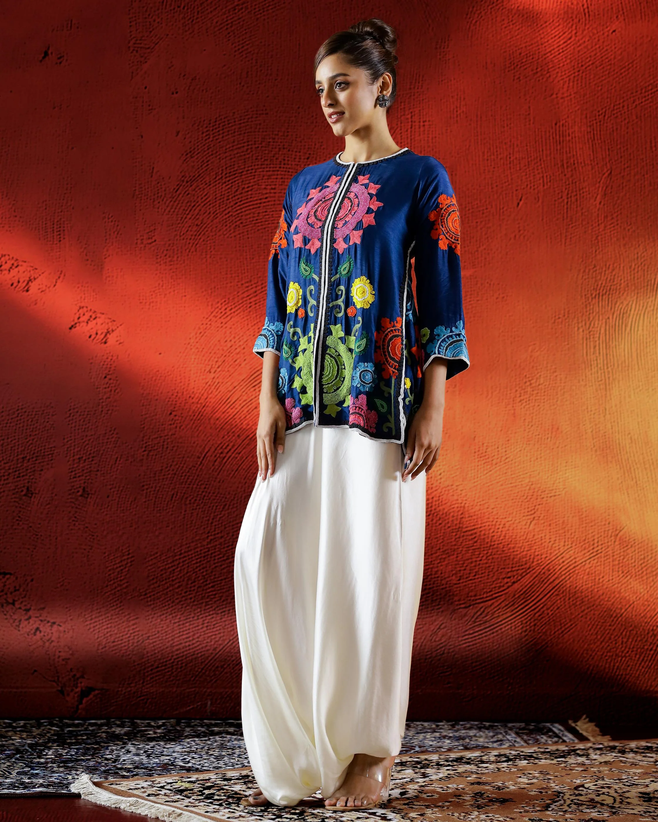 Deep Blue Embroidered Raw Silk Kurta Set - Image 4