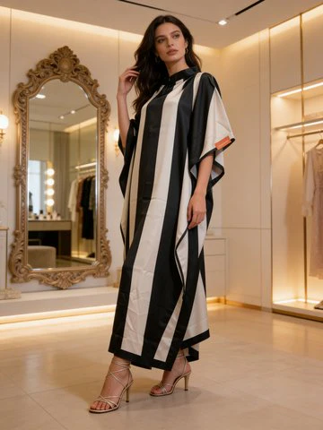 Classic Black Embroidered Satin Silk Kaftan Dress