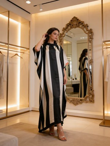 Classic Black Embroidered Satin Silk Kaftan Dress - Image 3