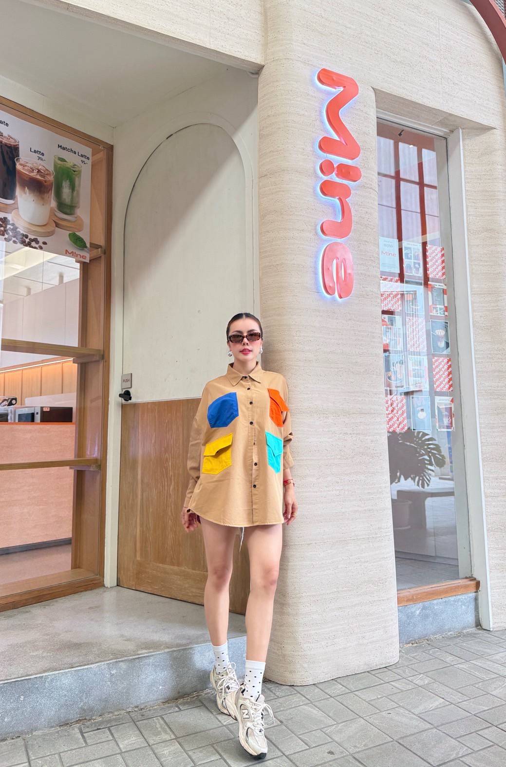 Sand Tan Color-Block Pocket Oversized Denim Shirt - Image 2