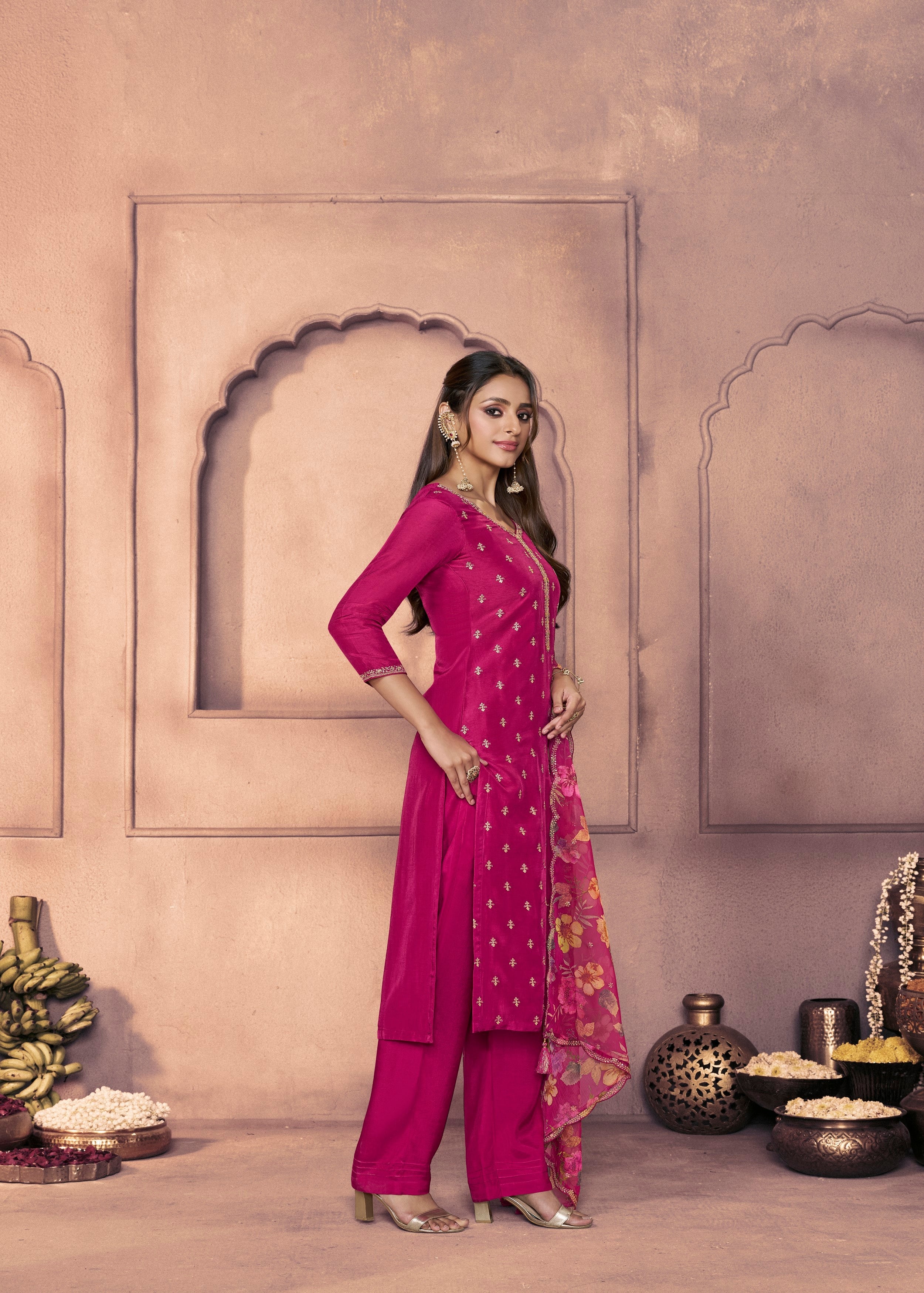 Rani Pink Embellished Dola Silk Pant Set - Image 3