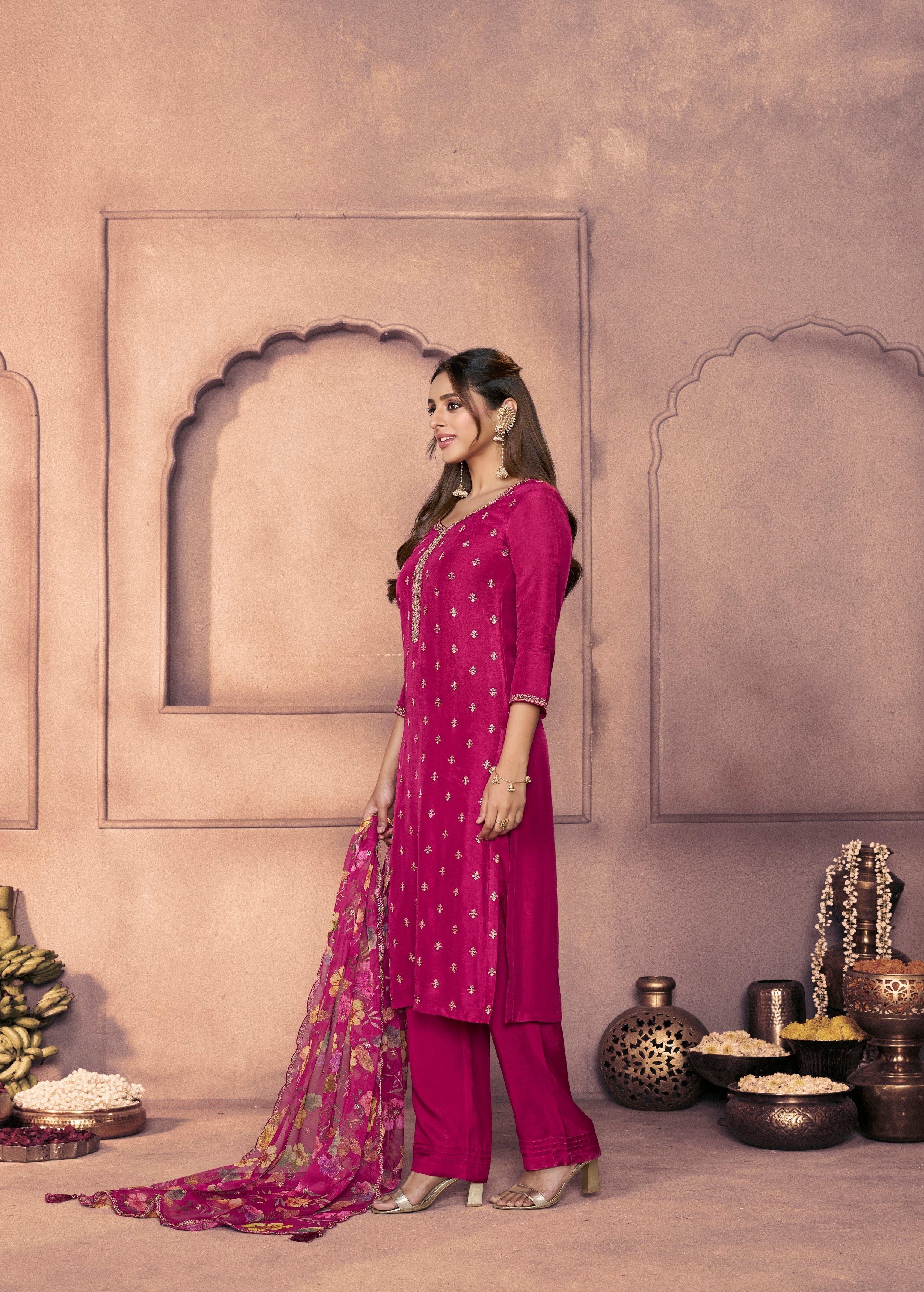 Rani Pink Embellished Dola Silk Pant Set - Image 4