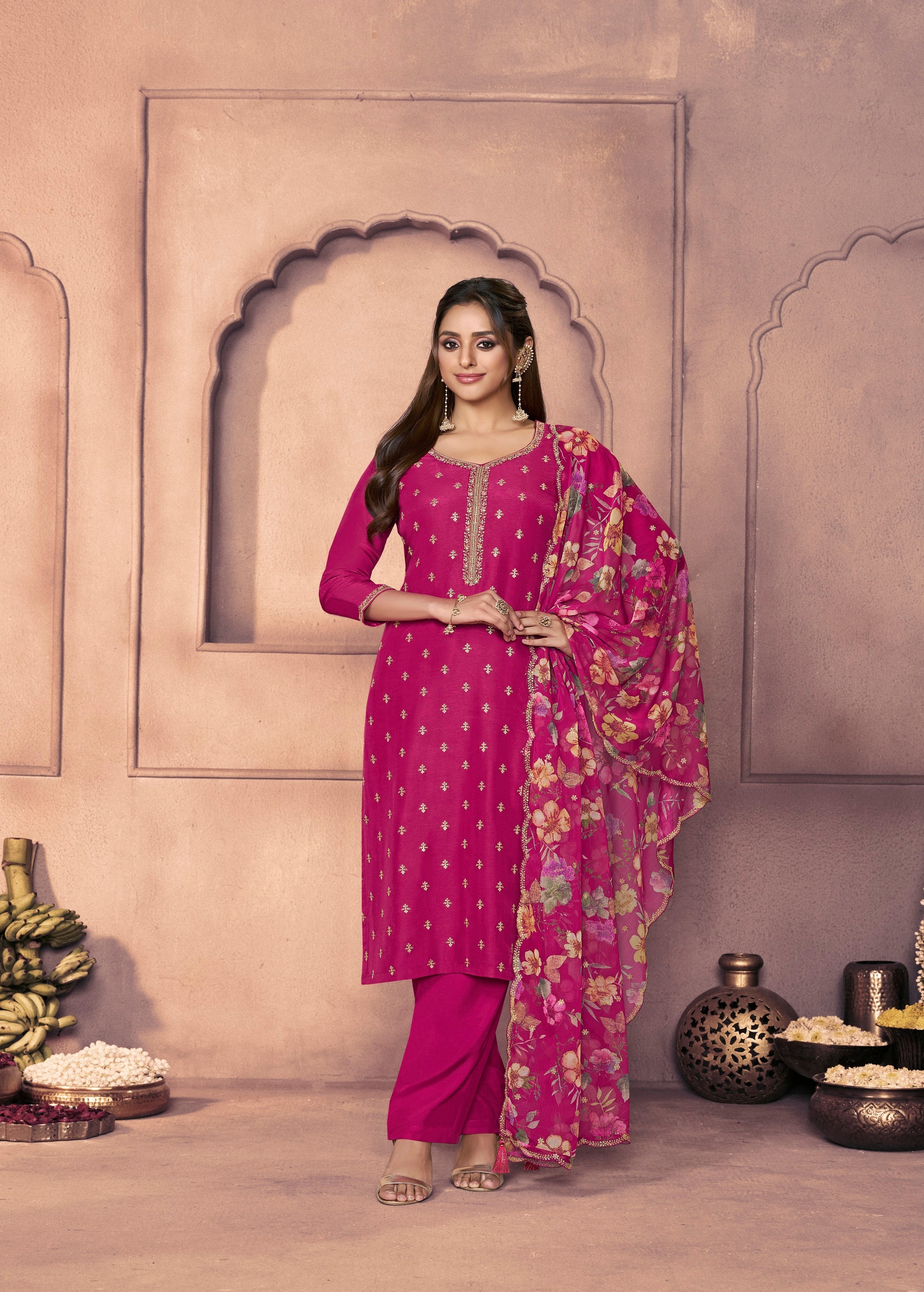 Rani Pink Embellished Dola Silk Pant Set - Image 5
