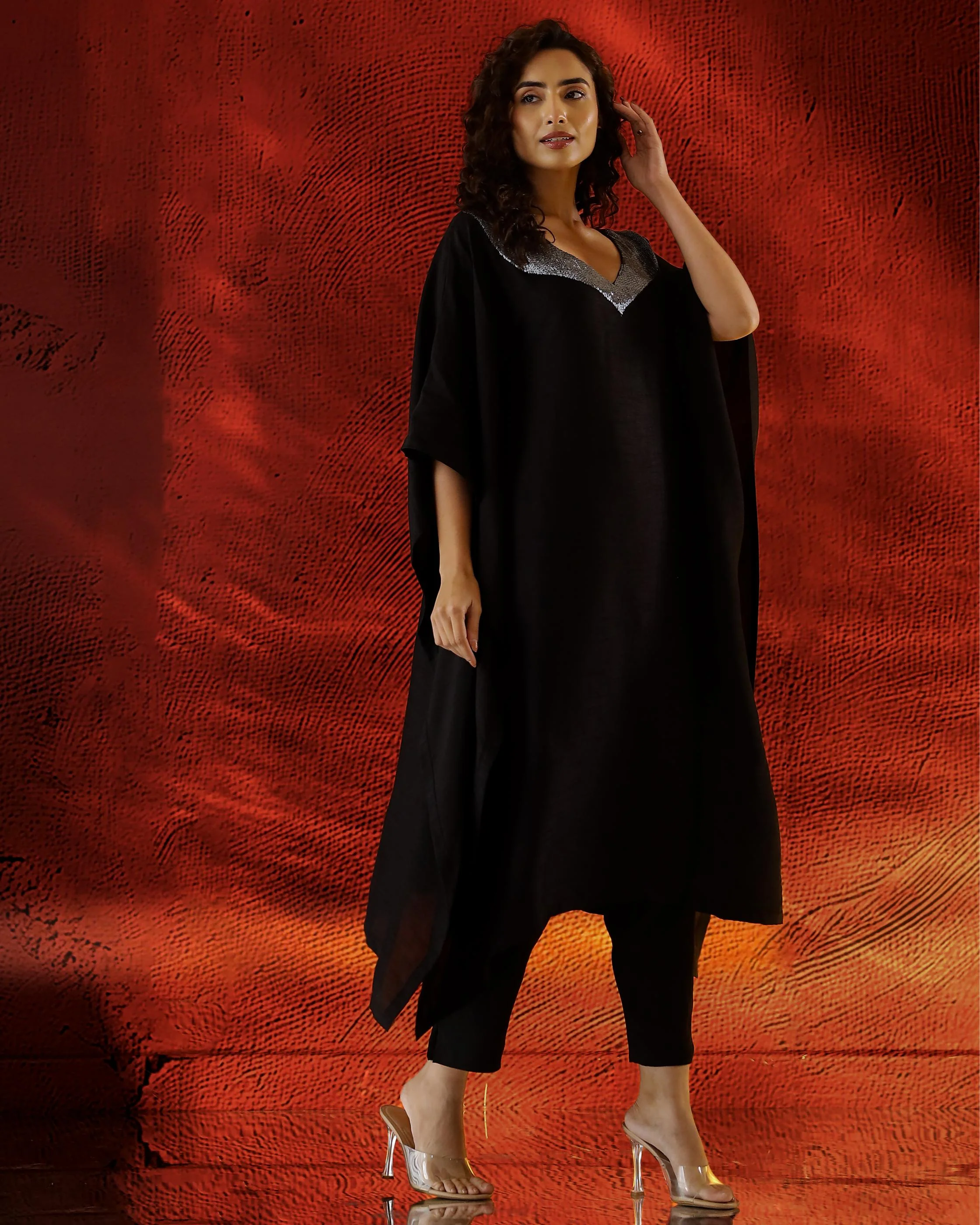 Classic Black Raw Silk Kaftan Set - Image 3