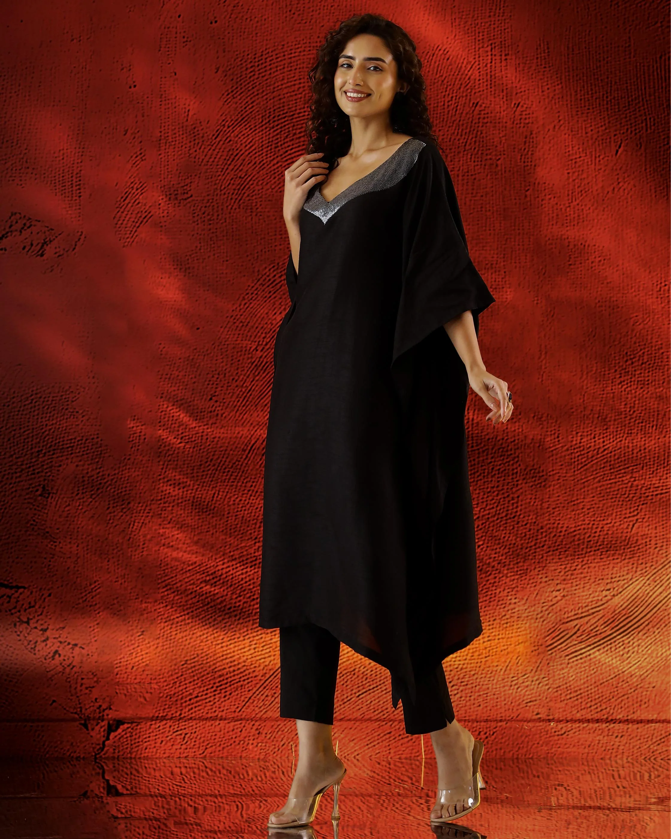 Classic Black Raw Silk Kaftan Set - Image 4