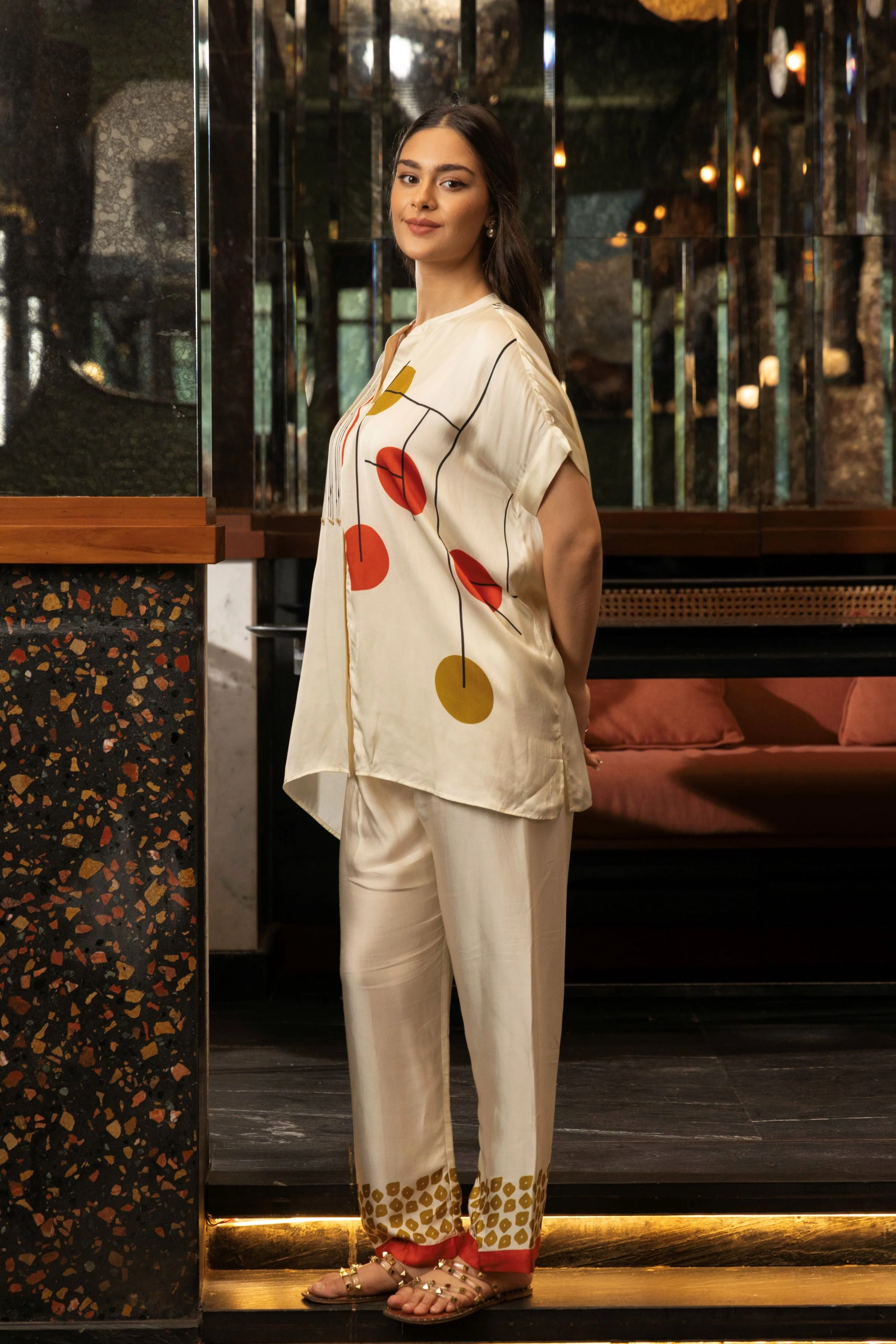 Ivory Satin Silk Astract Print Co-Ord Set - Image 3