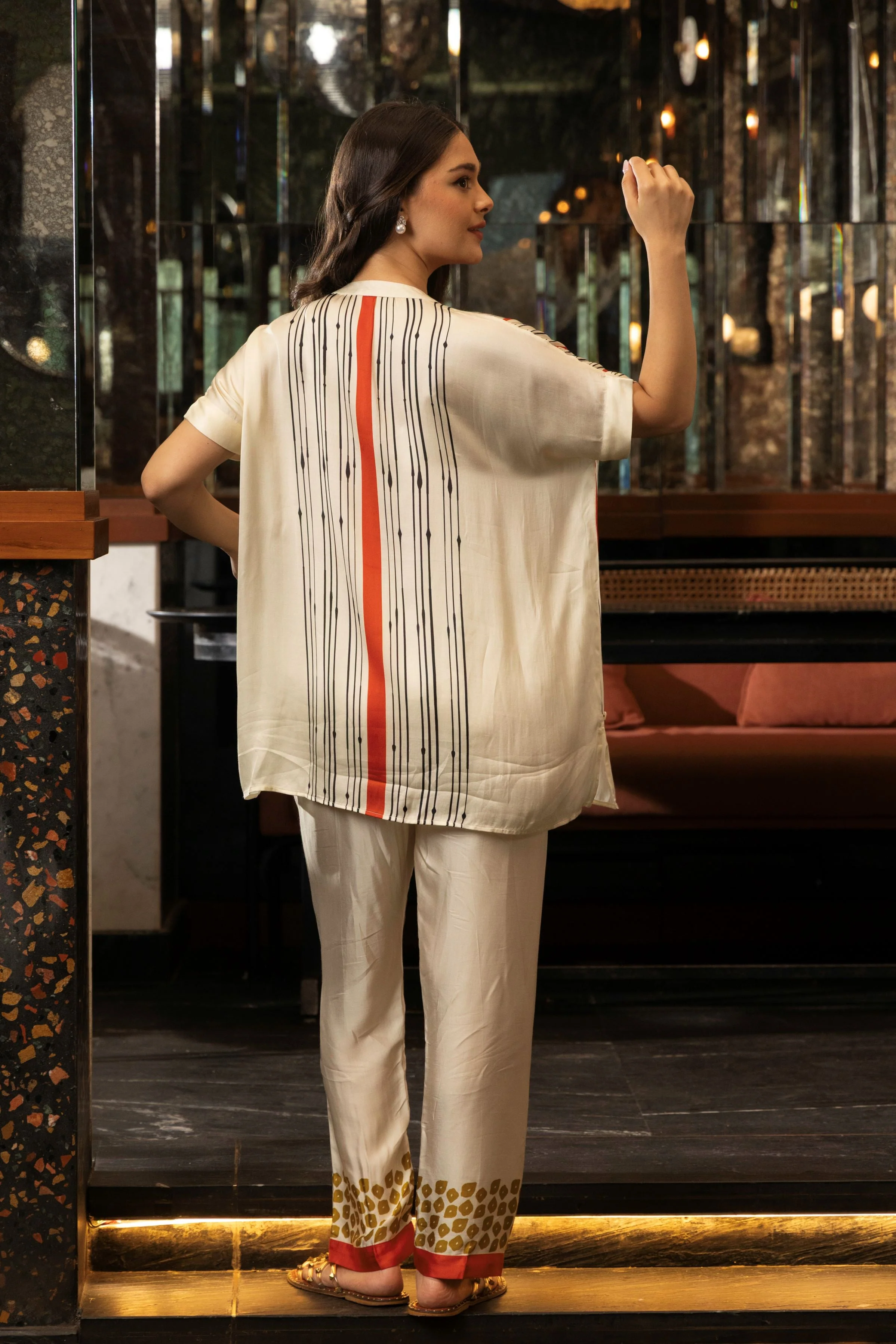Ivory Satin Silk Astract Print Co-Ord Set - Image 4