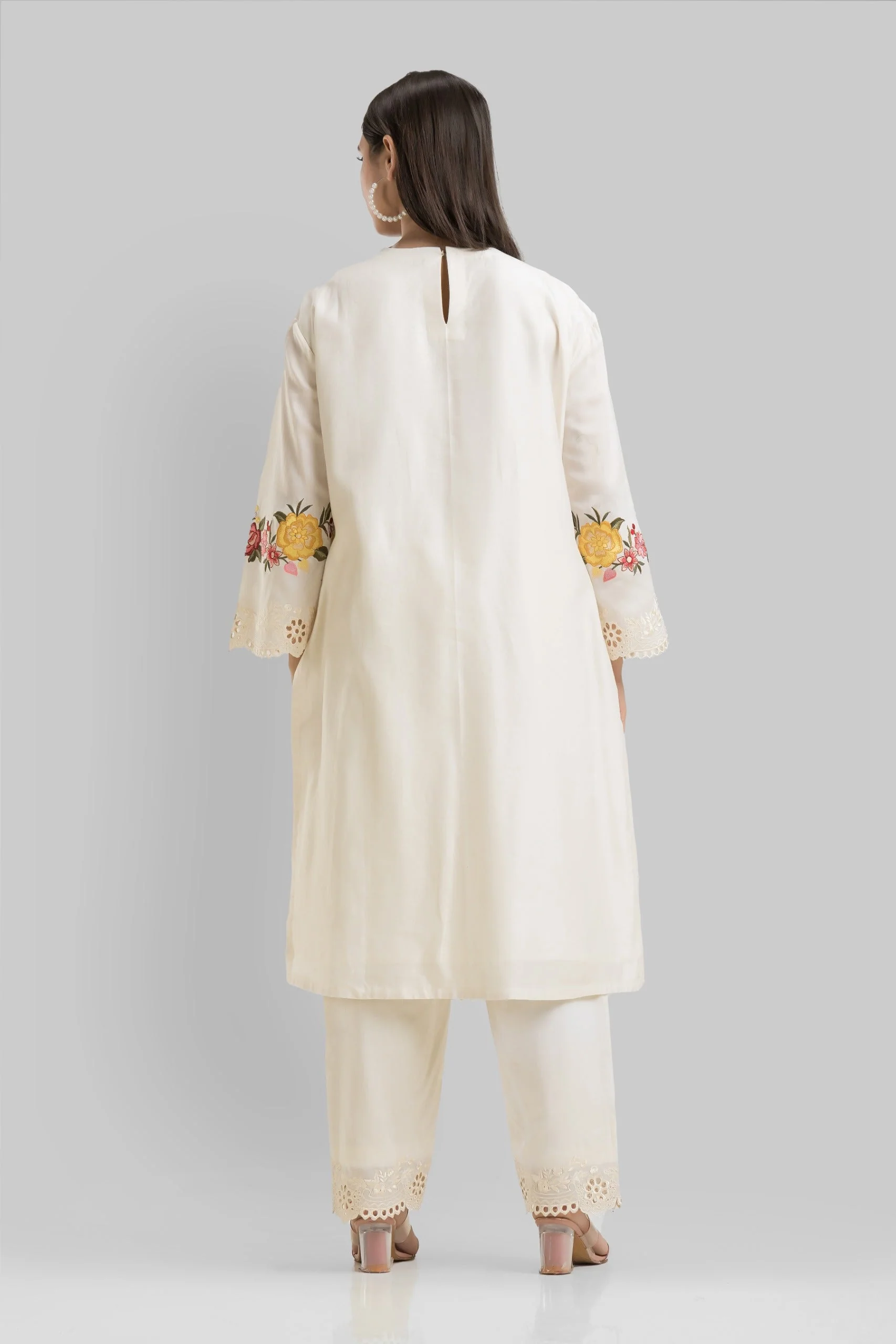 Classic Cream Embroidered Chanderi Silk Pant Set - Image 3