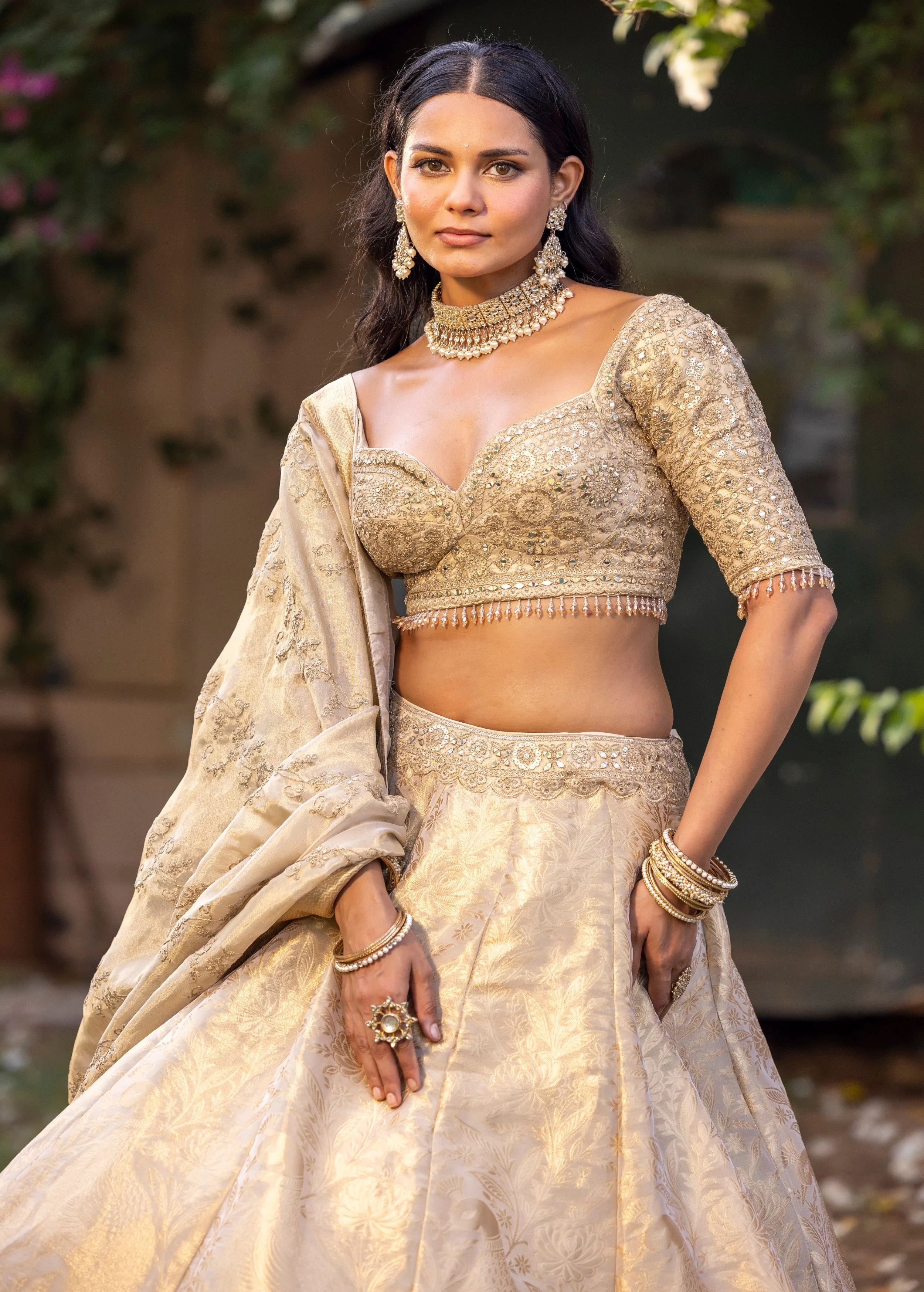 Classic Cream Embellished Banarasi Silk Lehenga Set - Image 2