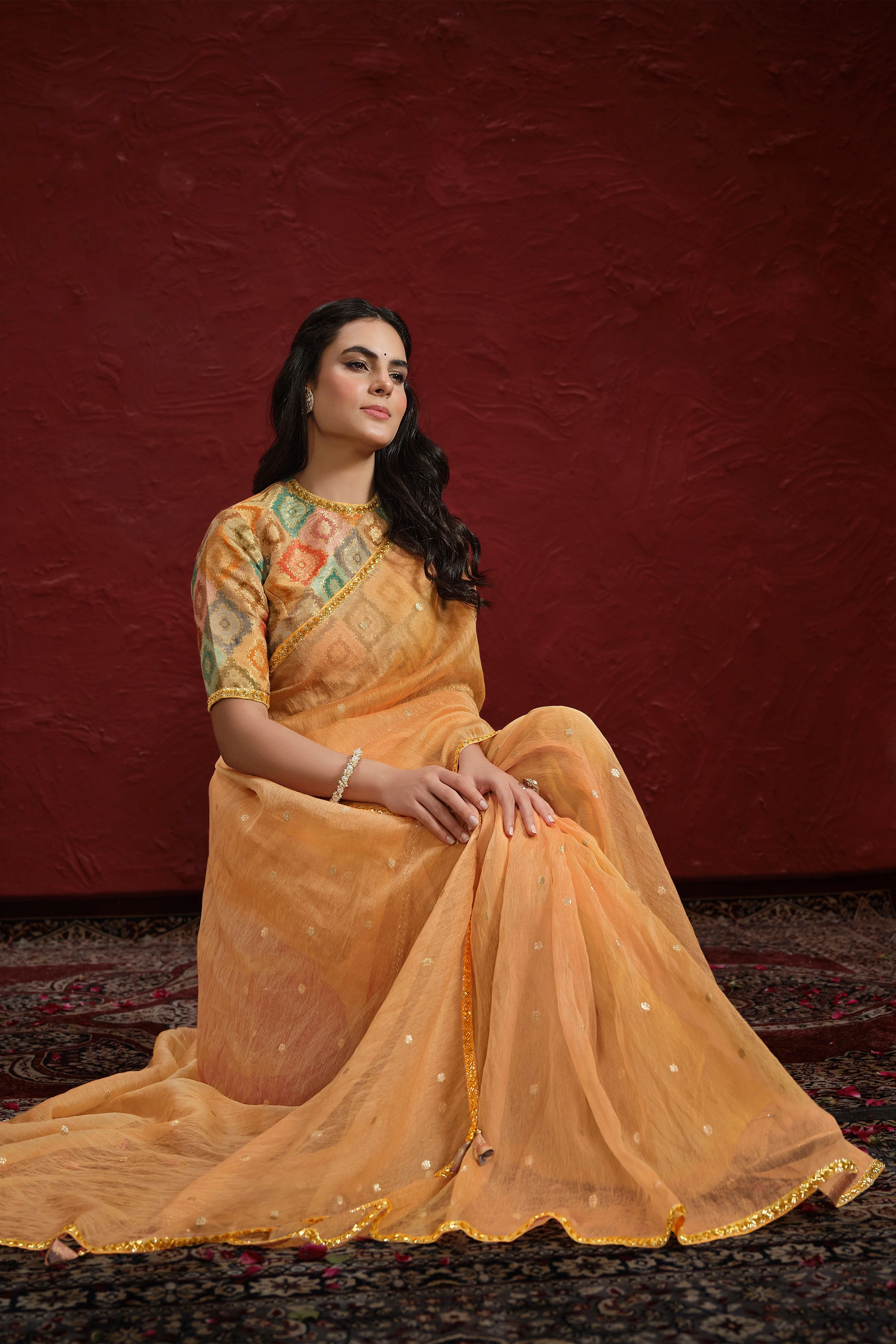 Summer Orange Embroidered Italian Paper Silk Saree - Image 3