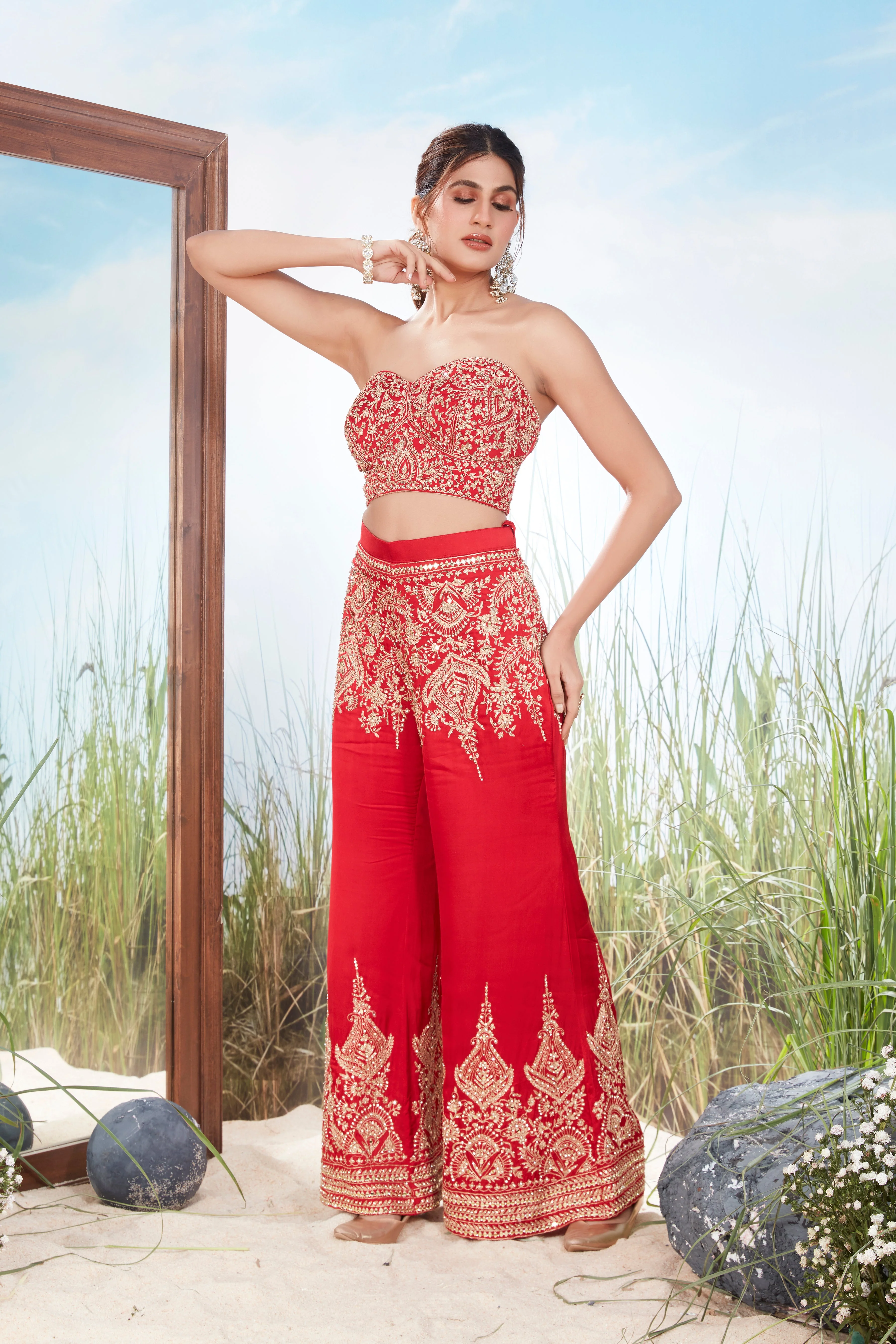 Poppy Red Embellished Chinon Silk Co-Ord Set - Image 2
