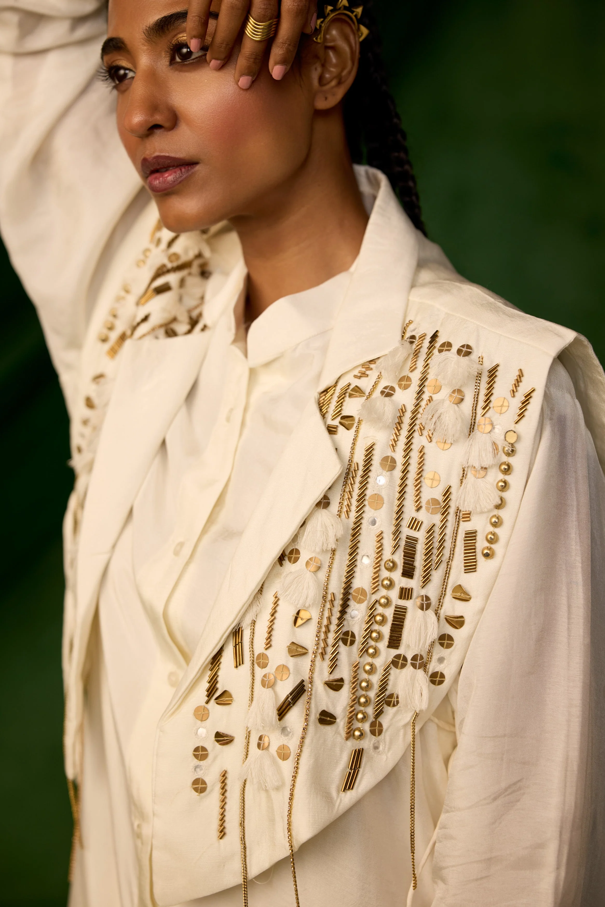 Classic White Embellished Chinon Silk Co-Ord Set - Image 2