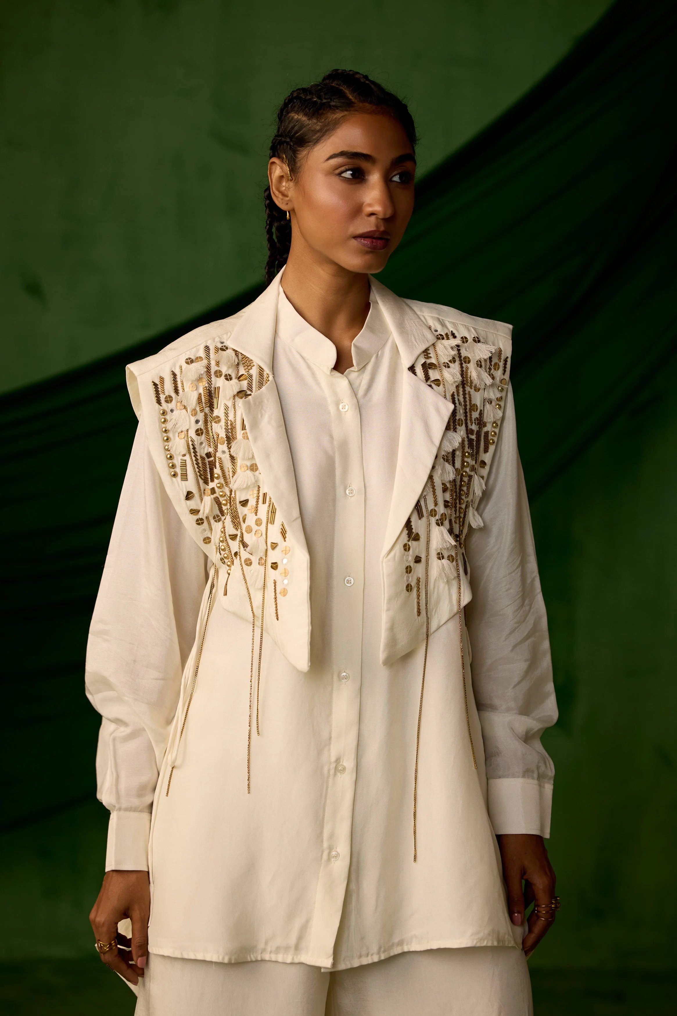 Classic White Embellished Chinon Silk Co-Ord Set - Image 3
