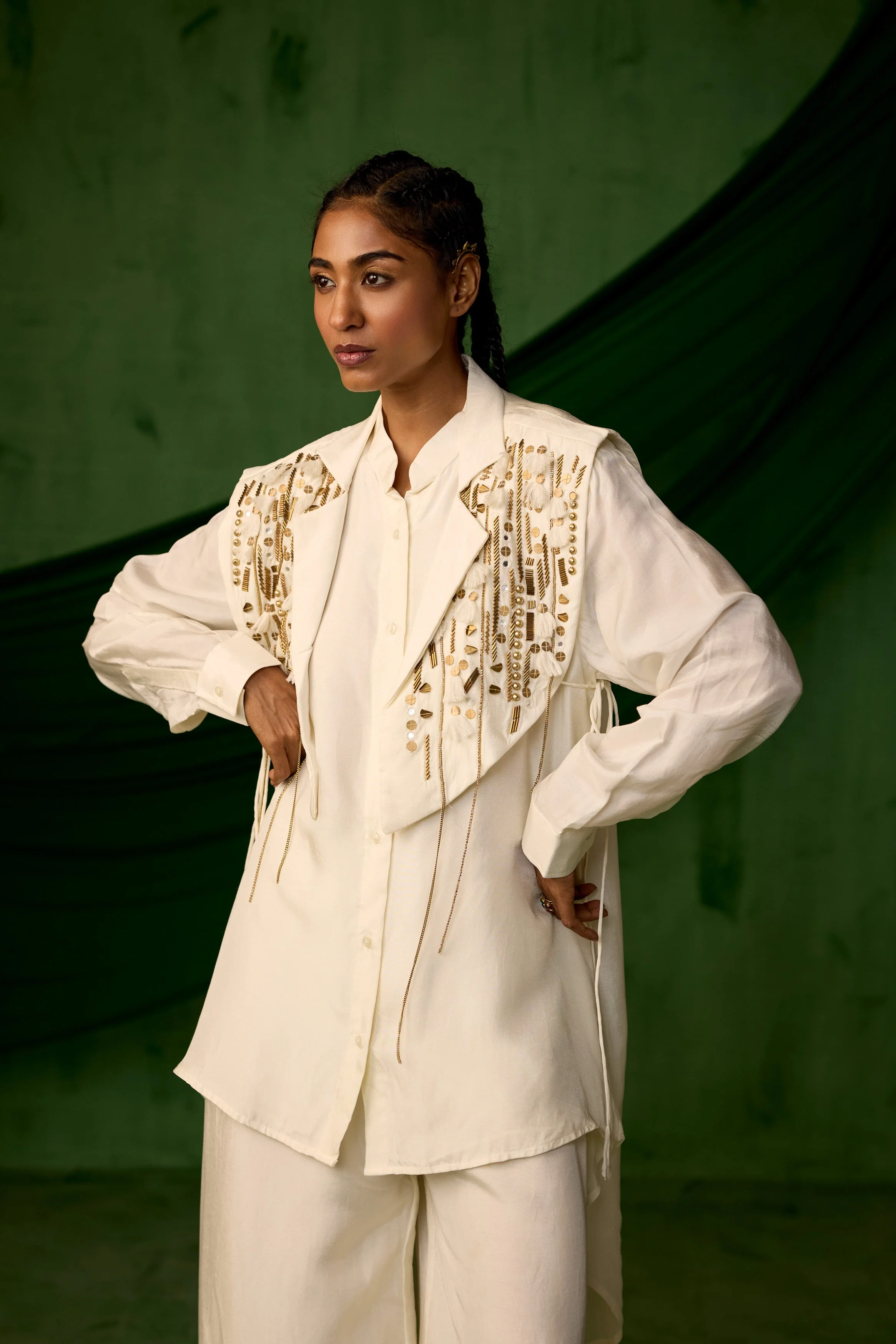 Classic White Embellished Chinon Silk Co-Ord Set - Image 4