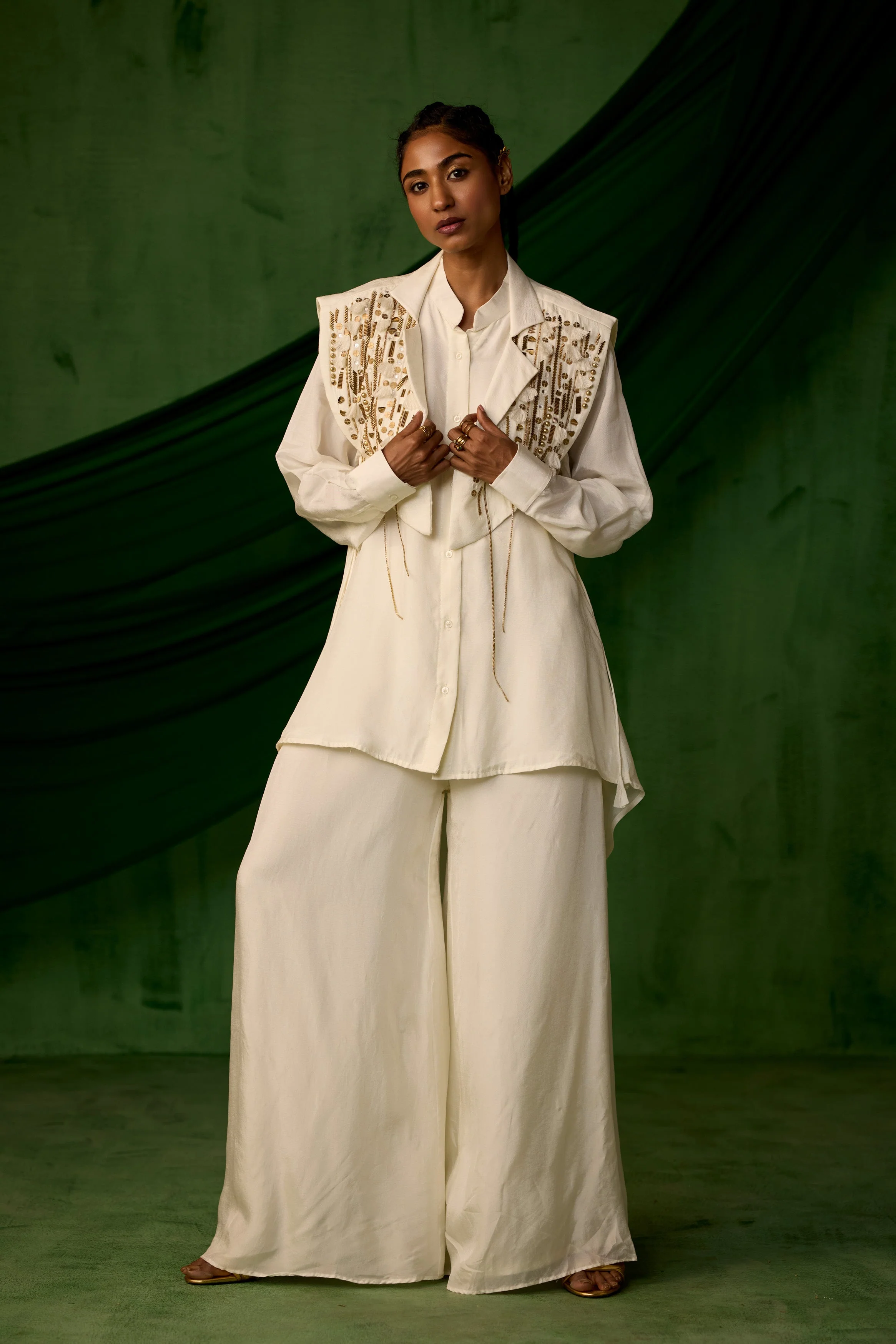 Classic White Embellished Chinon Silk Co-Ord Set - Image 5