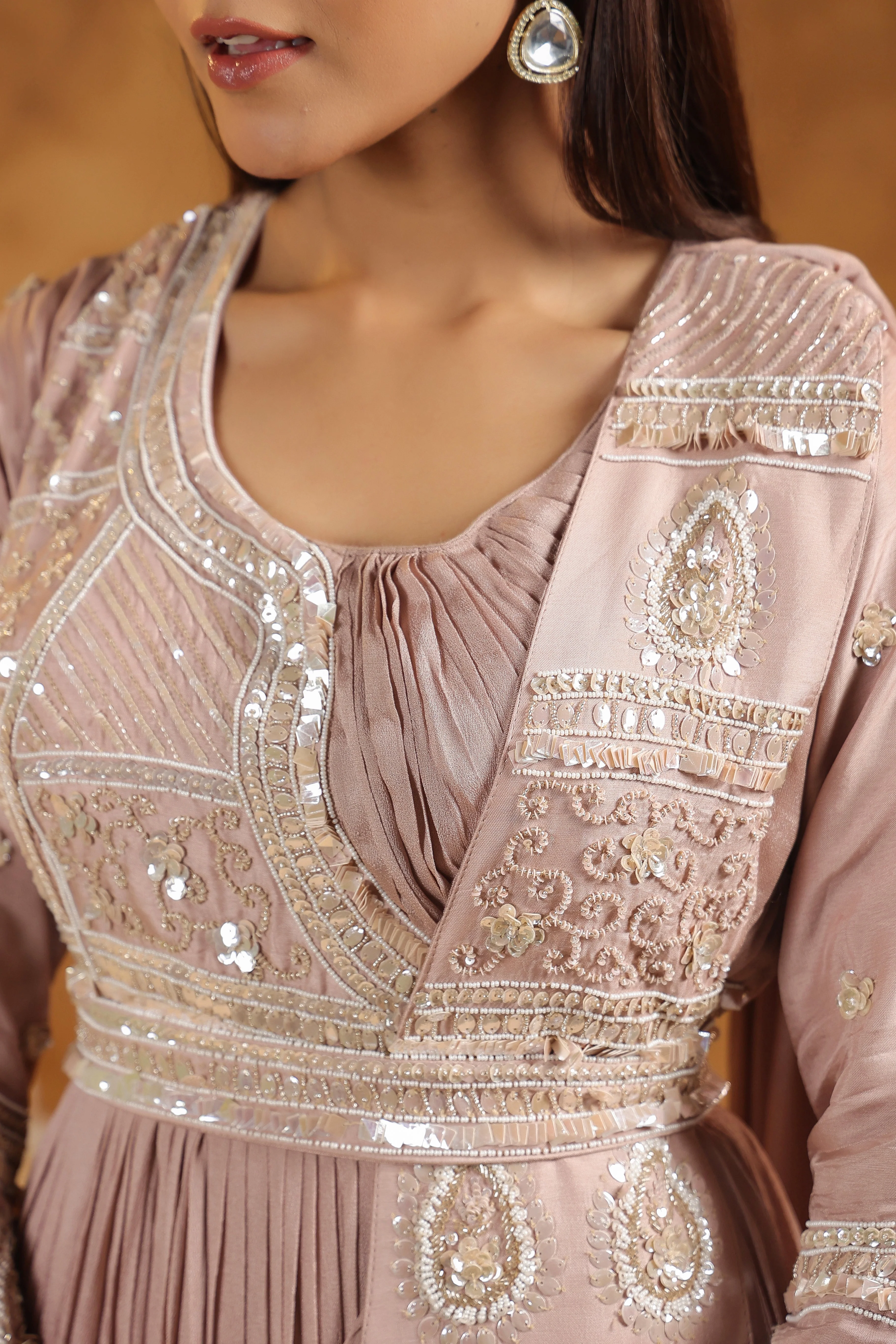 Mauve Pink Embellished Chinon Silk Gown - Image 2