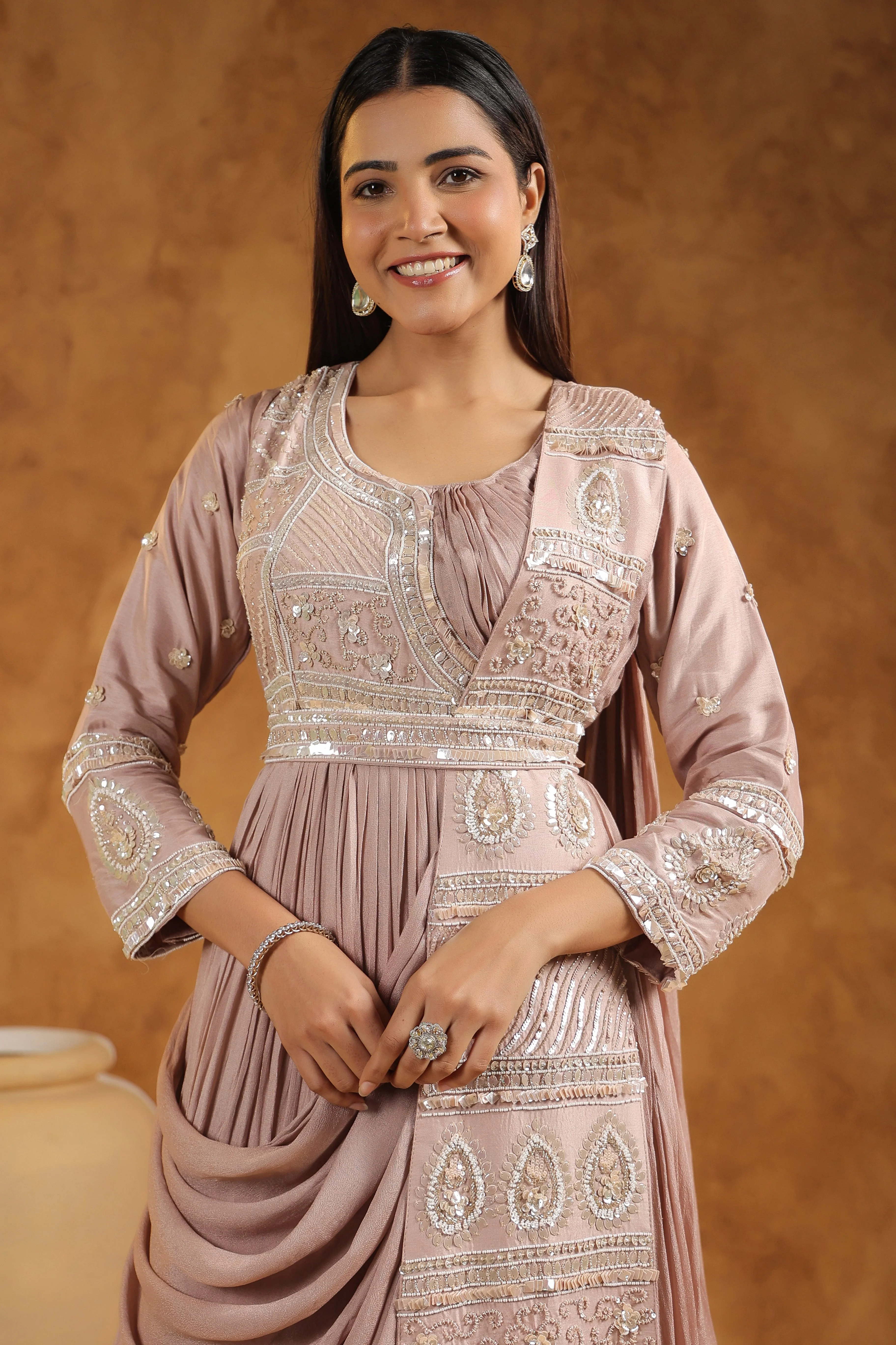 Mauve Pink Embellished Chinon Silk Gown - Image 4