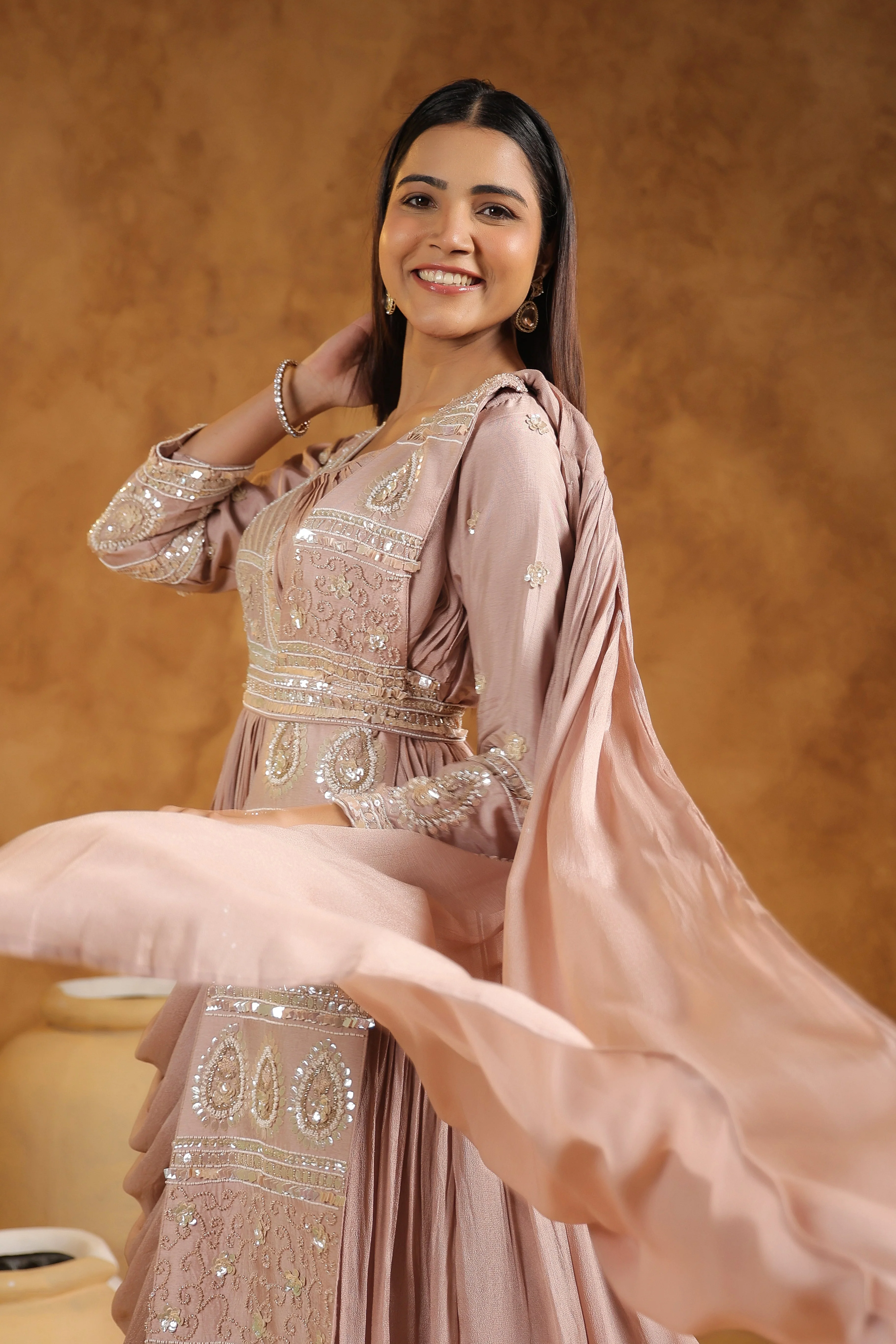 Mauve Pink Embellished Chinon Silk Gown - Image 5