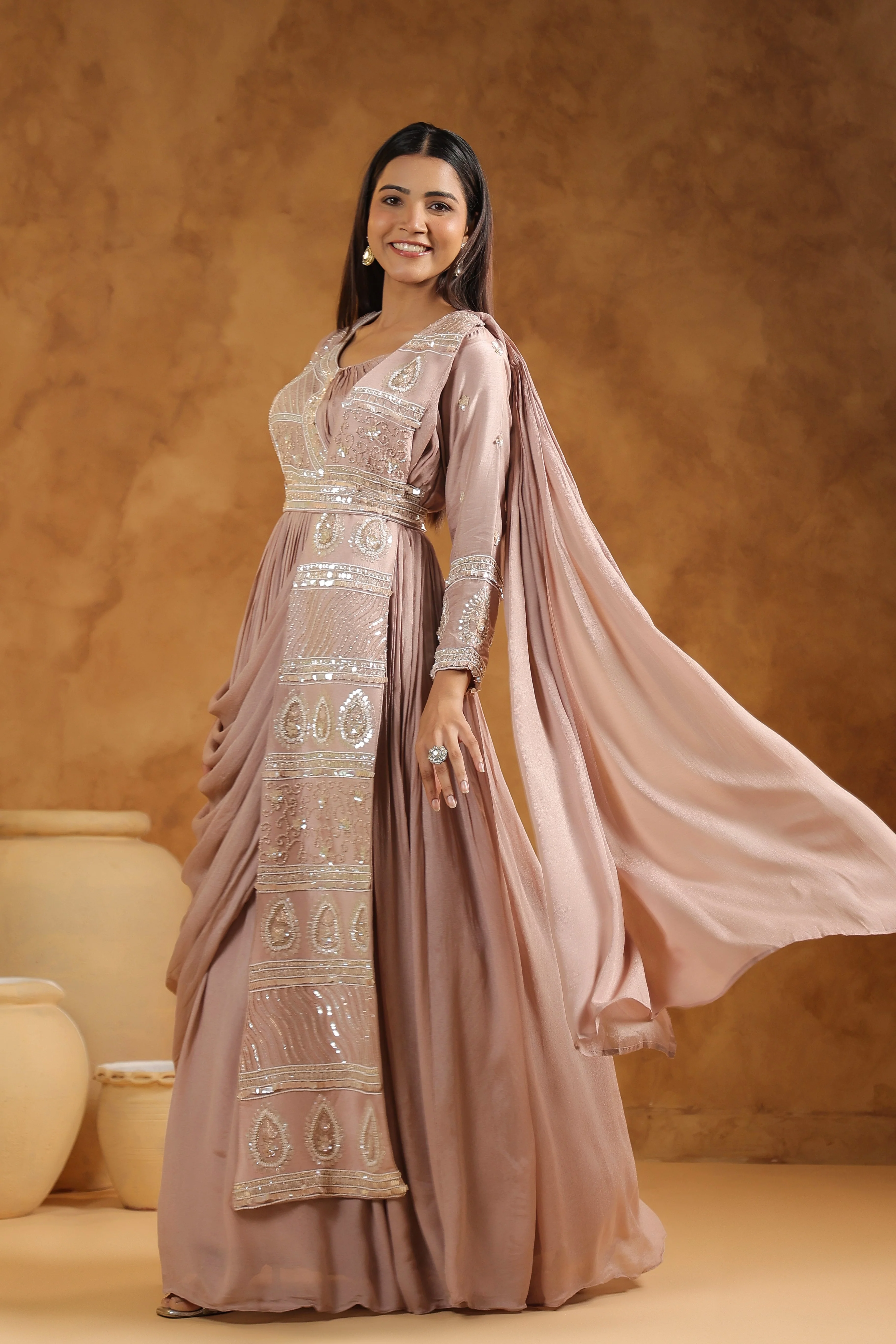 Mauve Pink Embellished Chinon Silk Gown - Image 6