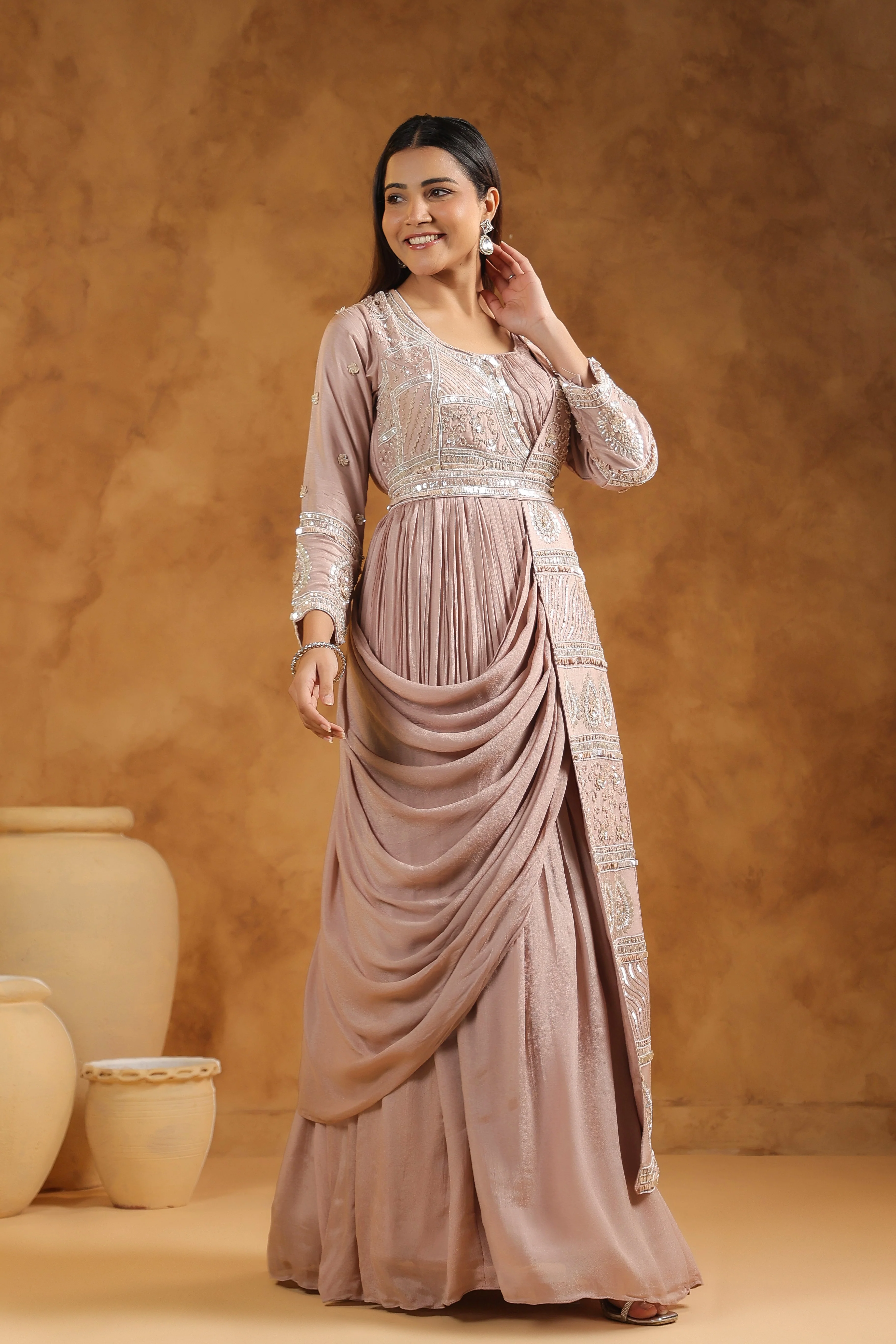 Mauve Pink Embellished Chinon Silk Gown - Image 7