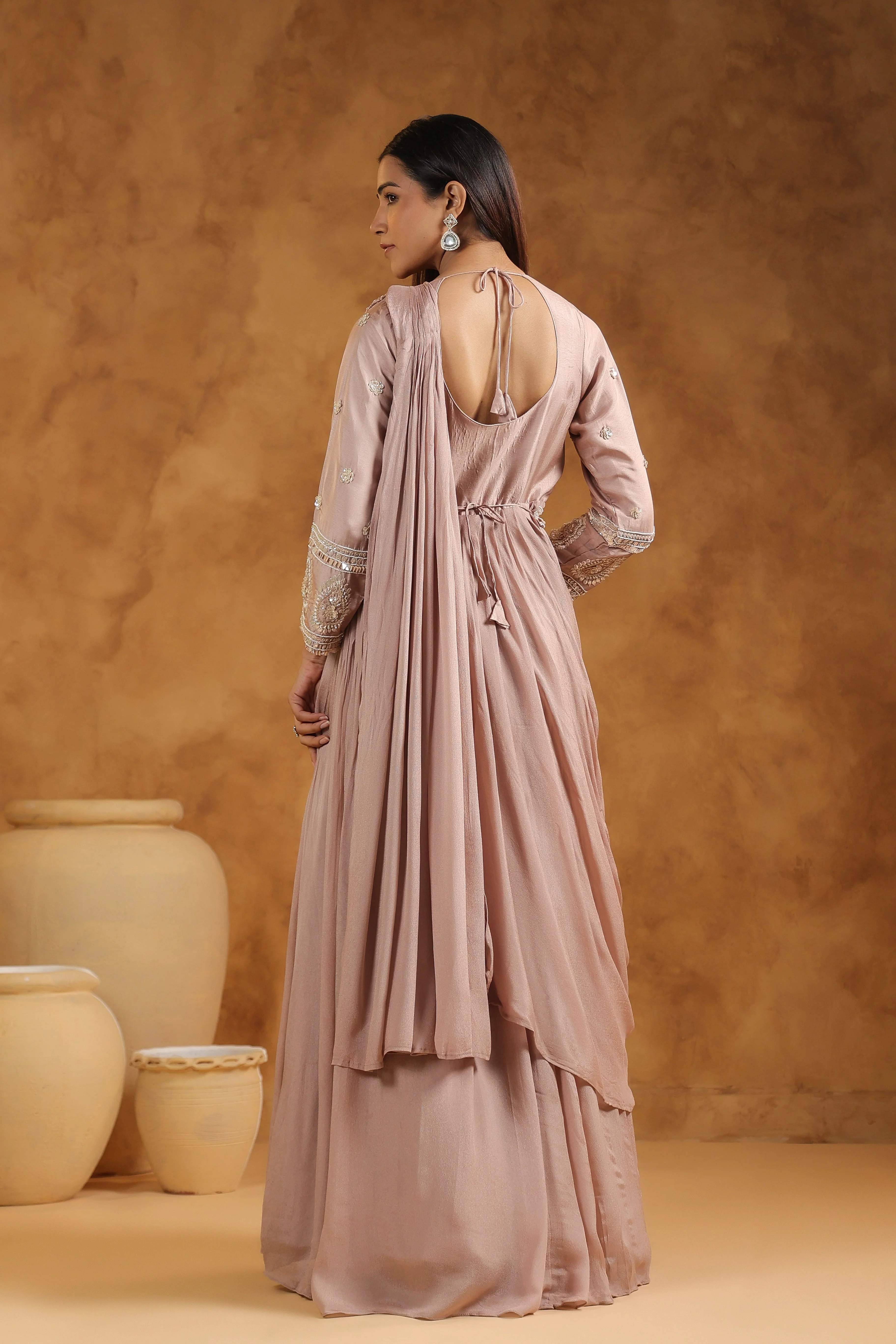 Mauve Pink Embellished Chinon Silk Gown - Image 8