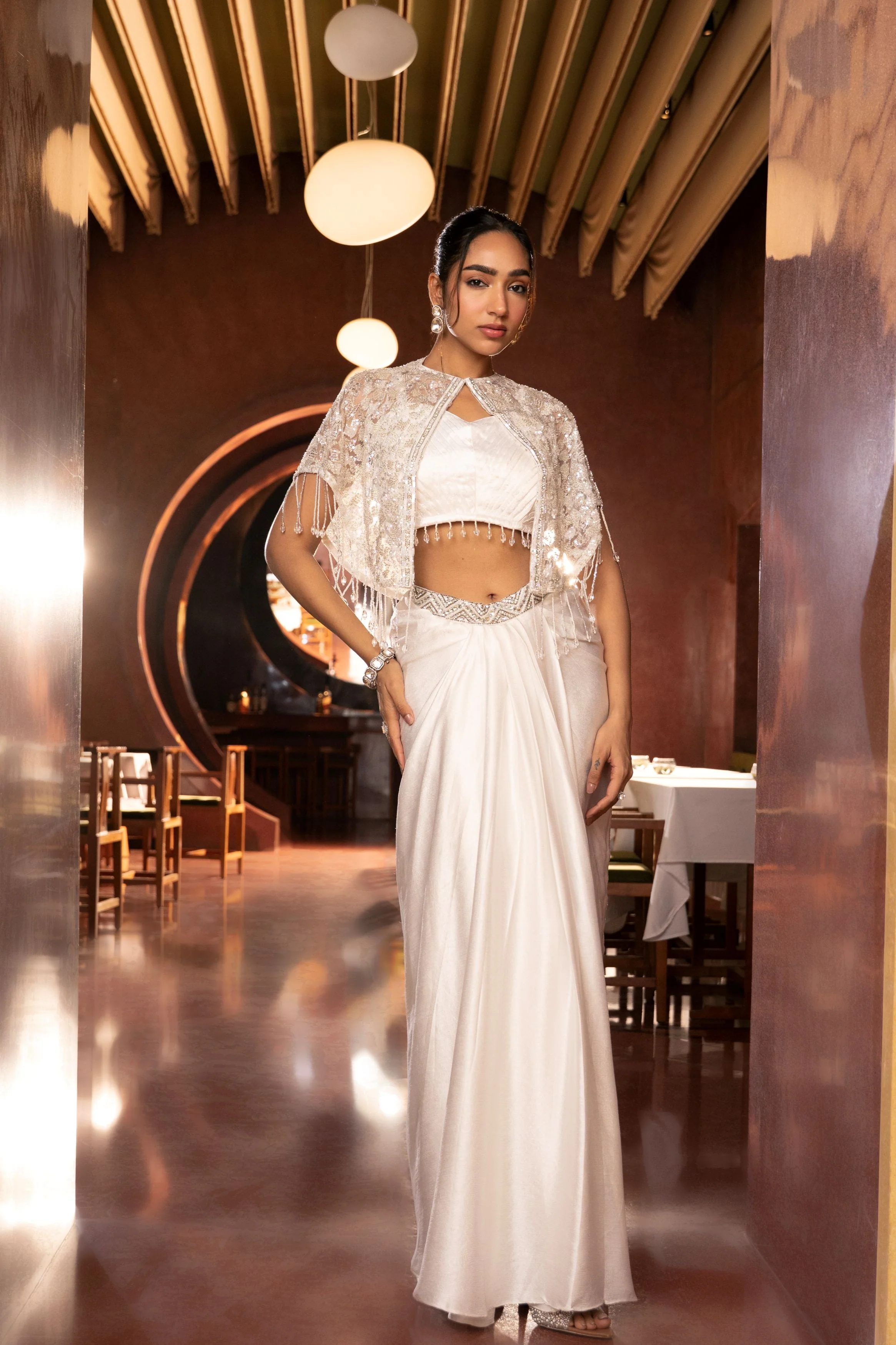 Classic White Embellished Satin Silk Skirt Set - Image 2
