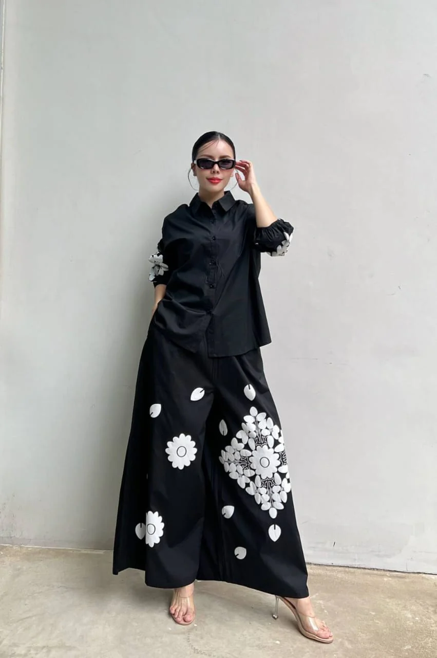 Classic Black Minimalist Floral Cotton Co-Ord Set - Image 4