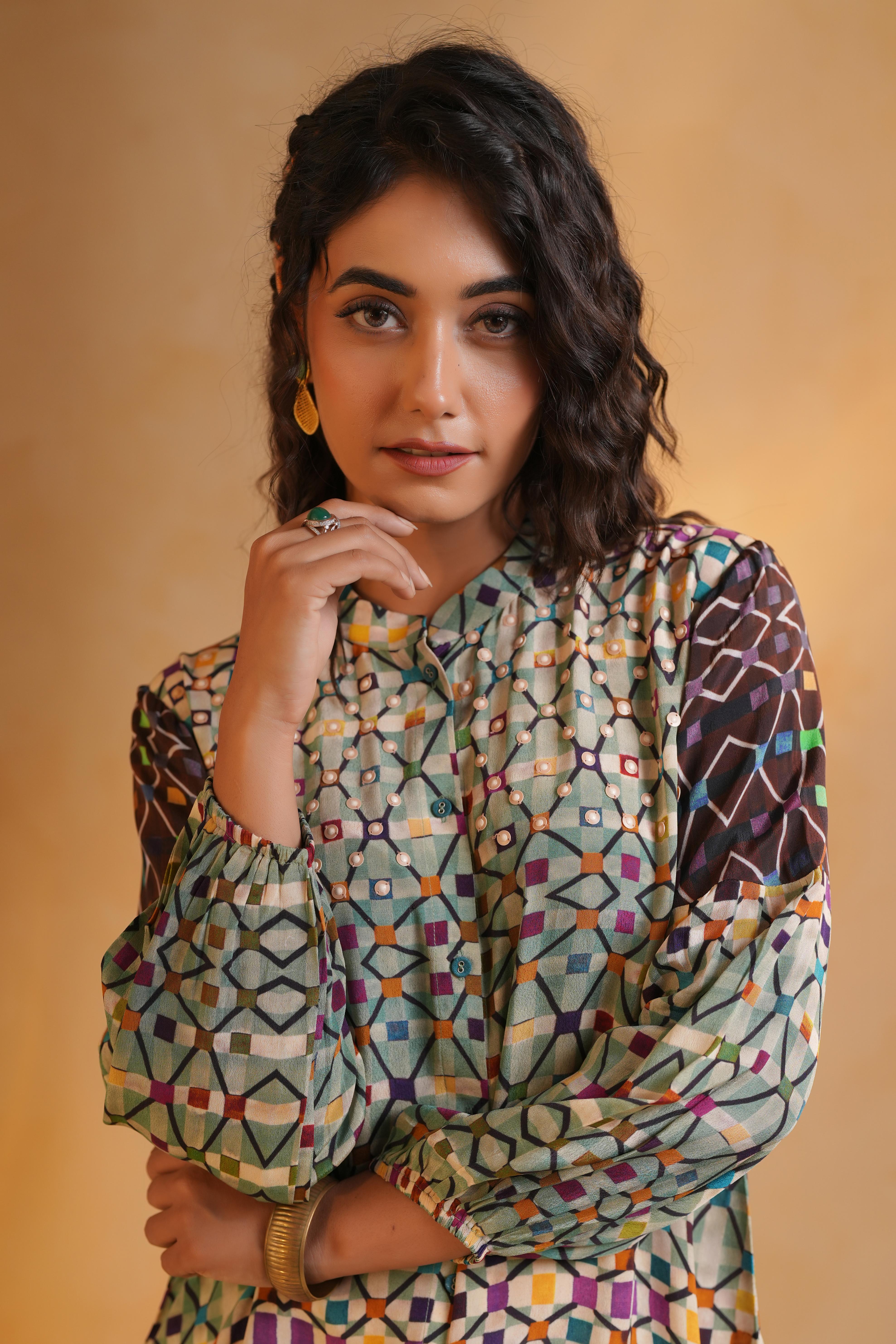 Light Green Printed Viscose Crepe Top - Image 2