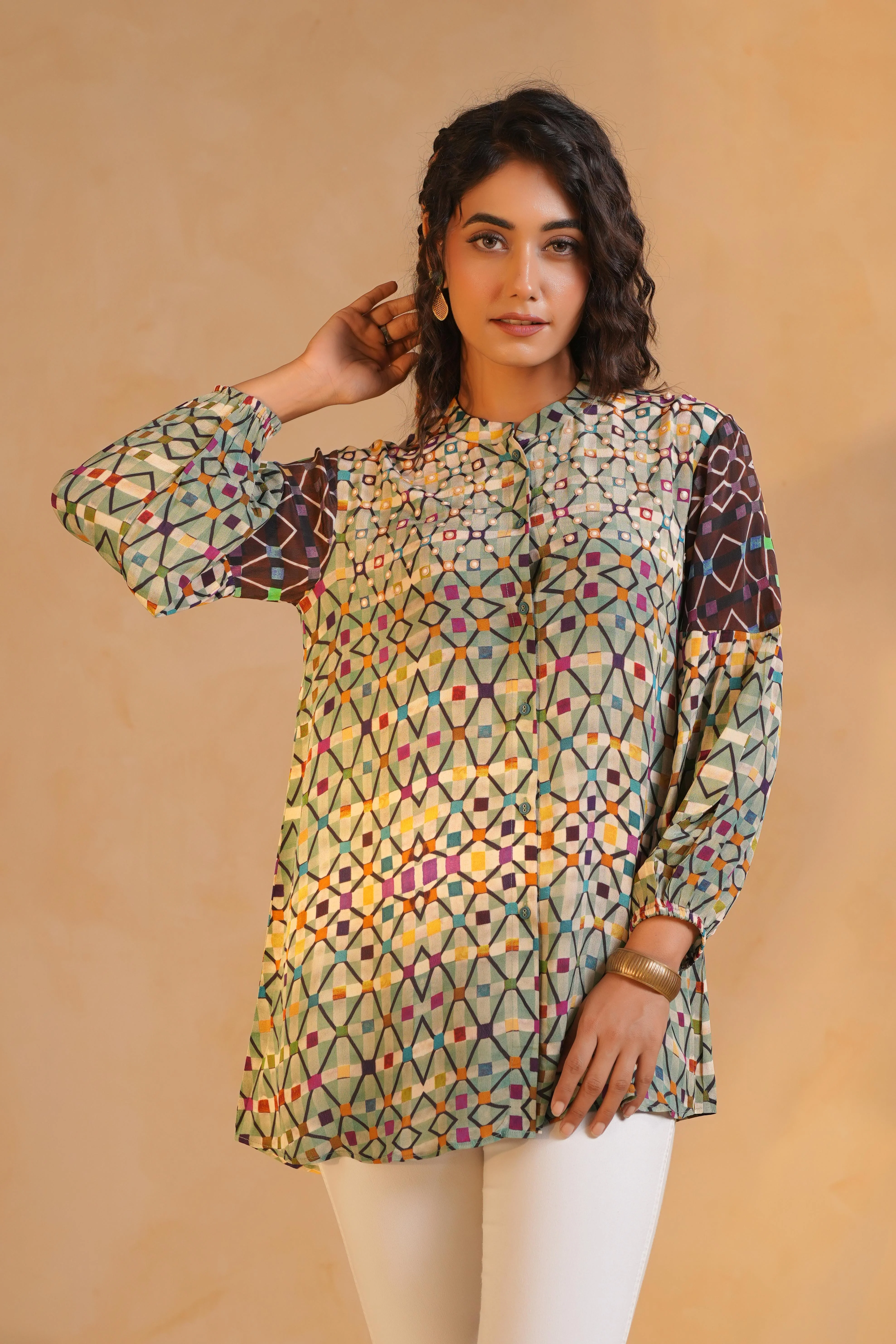 Light Green Printed Viscose Crepe Top - Image 3