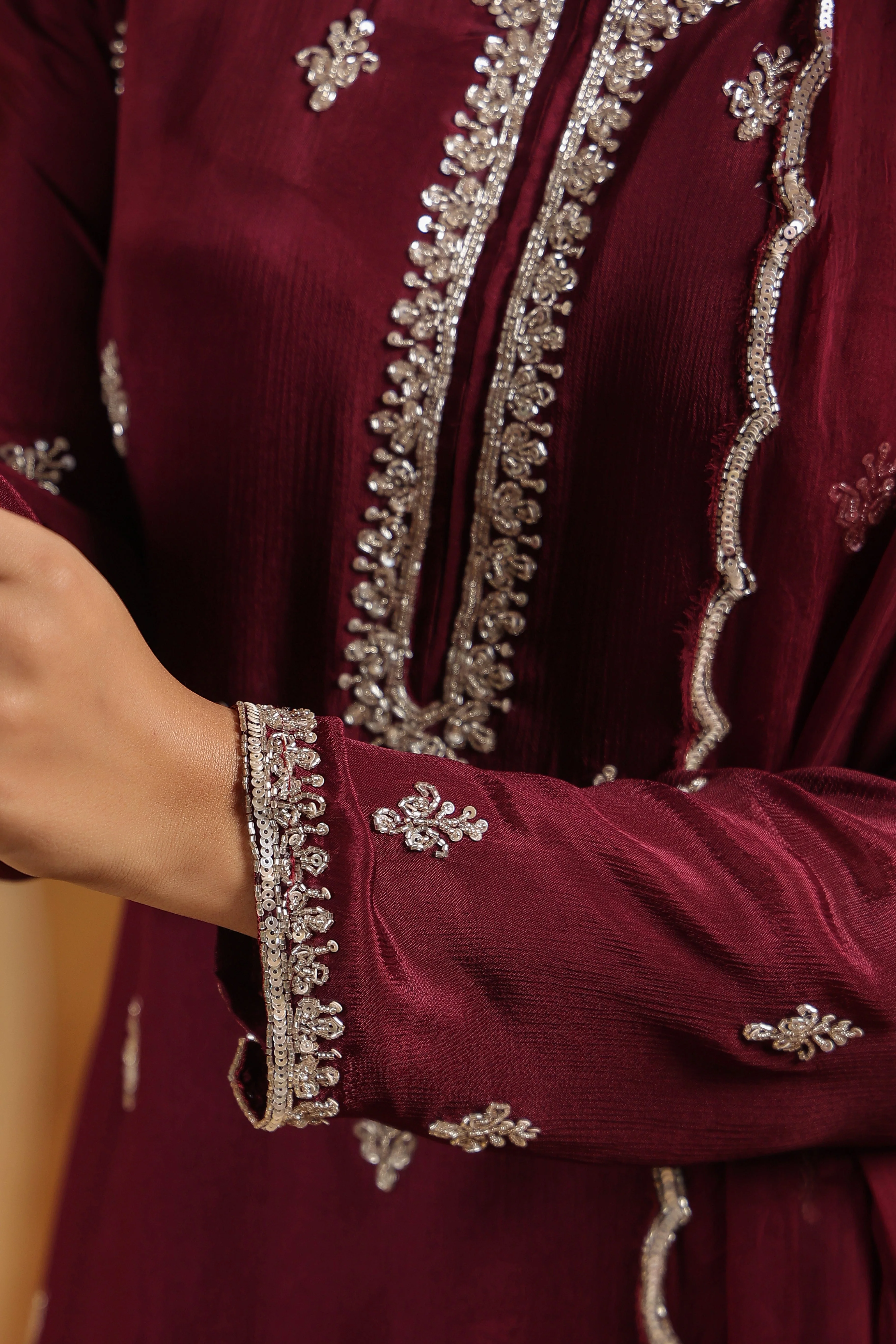 Classic Wine Embellished Chinon Silk Sharara Set - Image 2