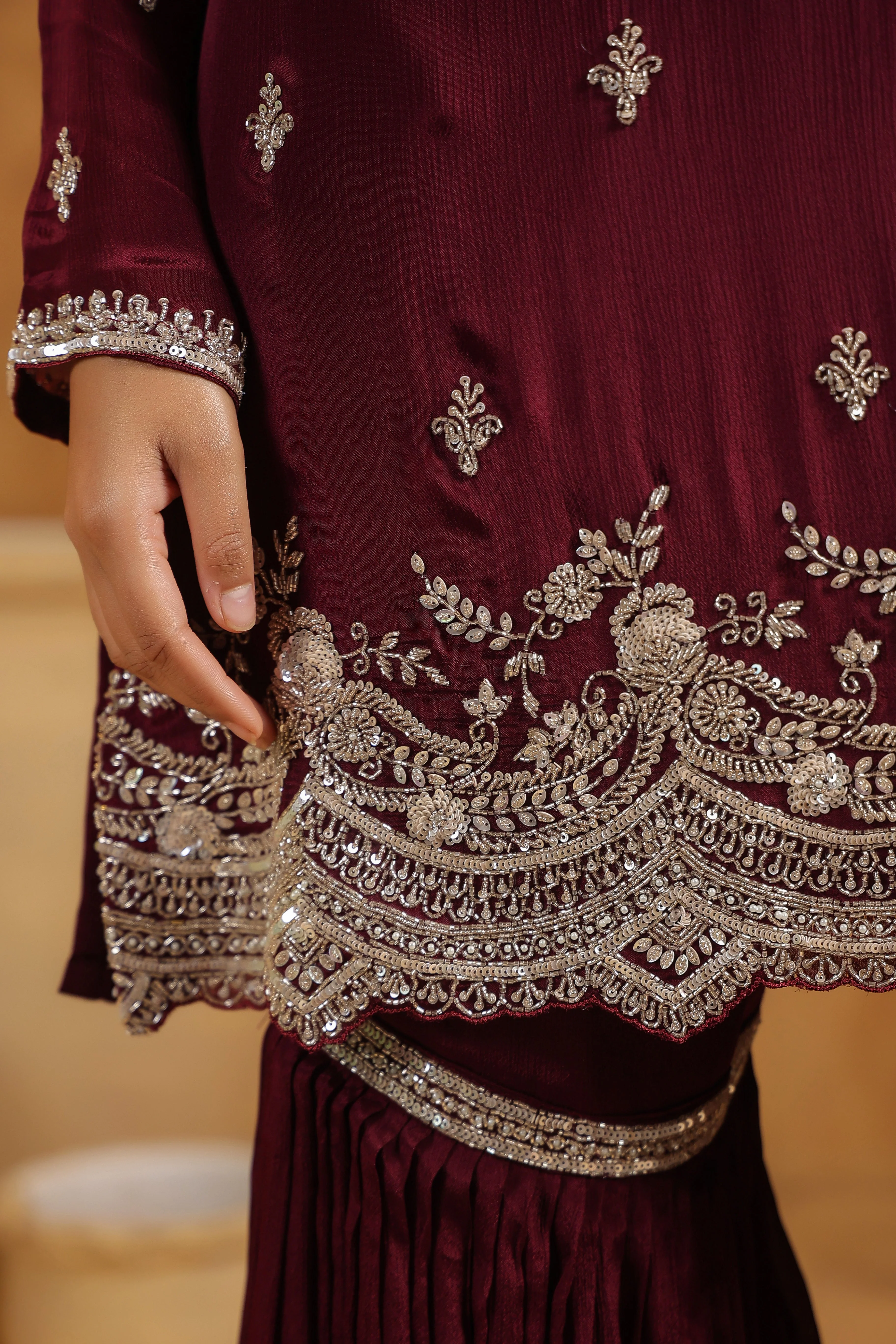 Classic Wine Embellished Chinon Silk Sharara Set - Image 3
