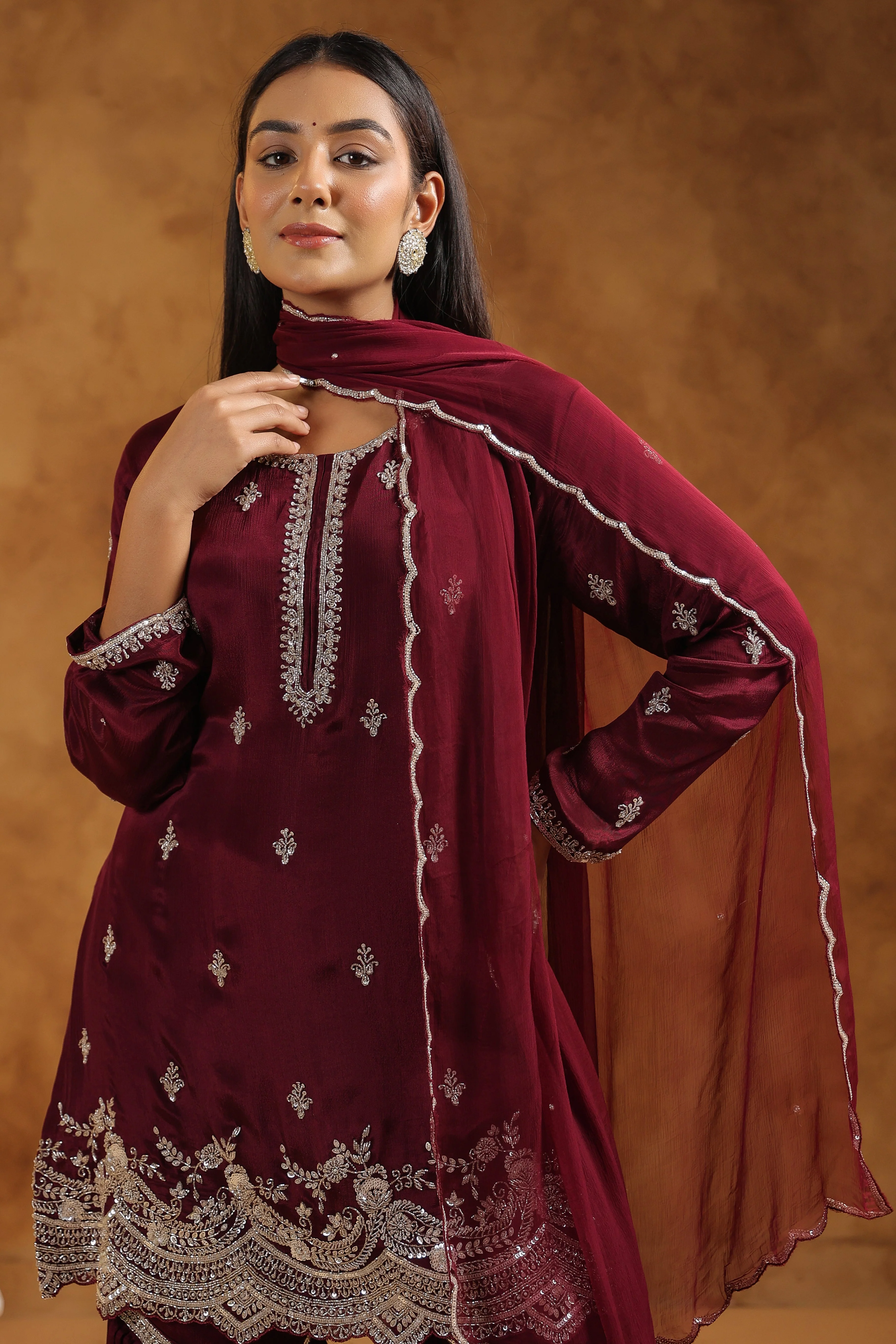 Classic Wine Embellished Chinon Silk Sharara Set - Image 4