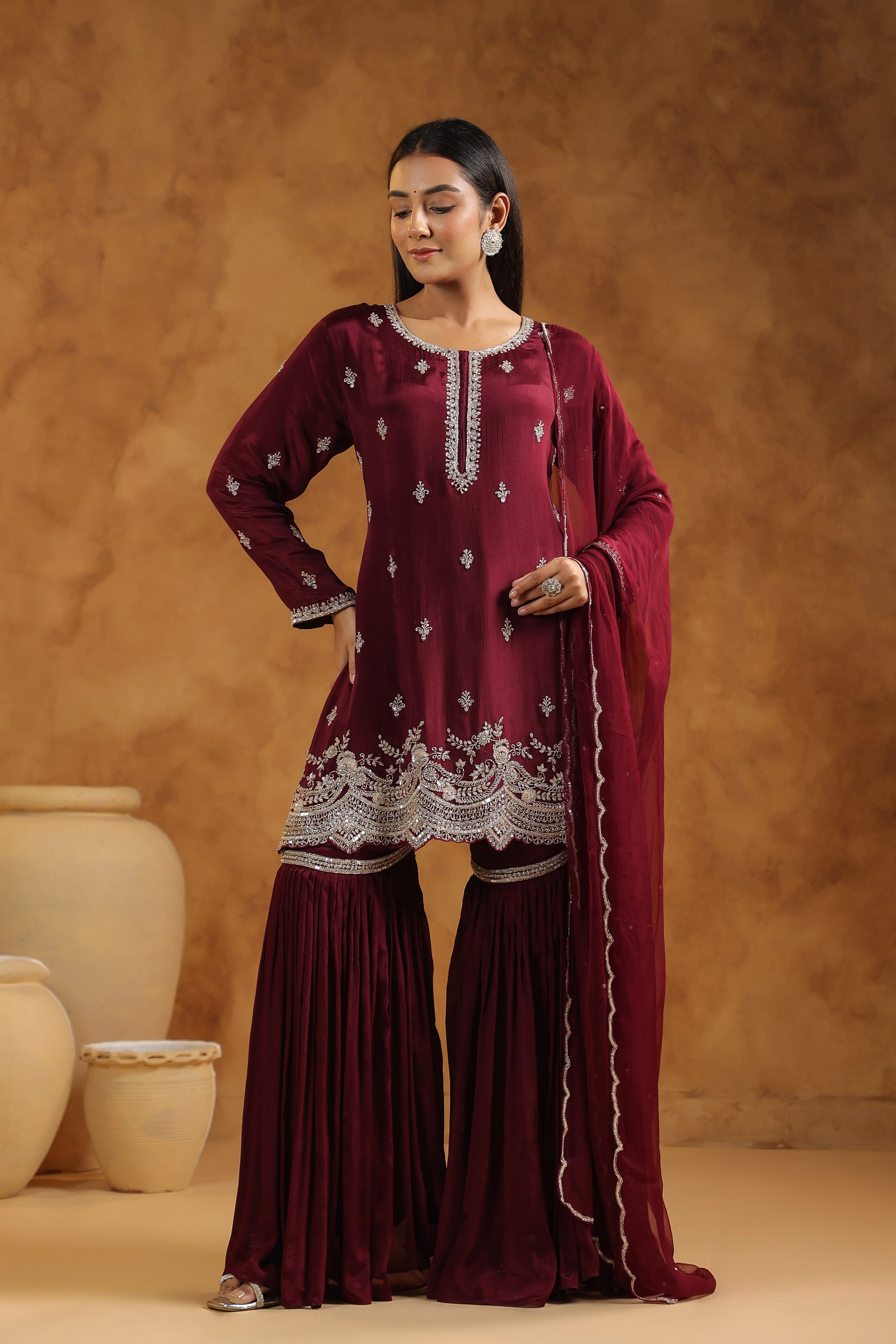 Classic Wine Embellished Chinon Silk Sharara Set - Image 5