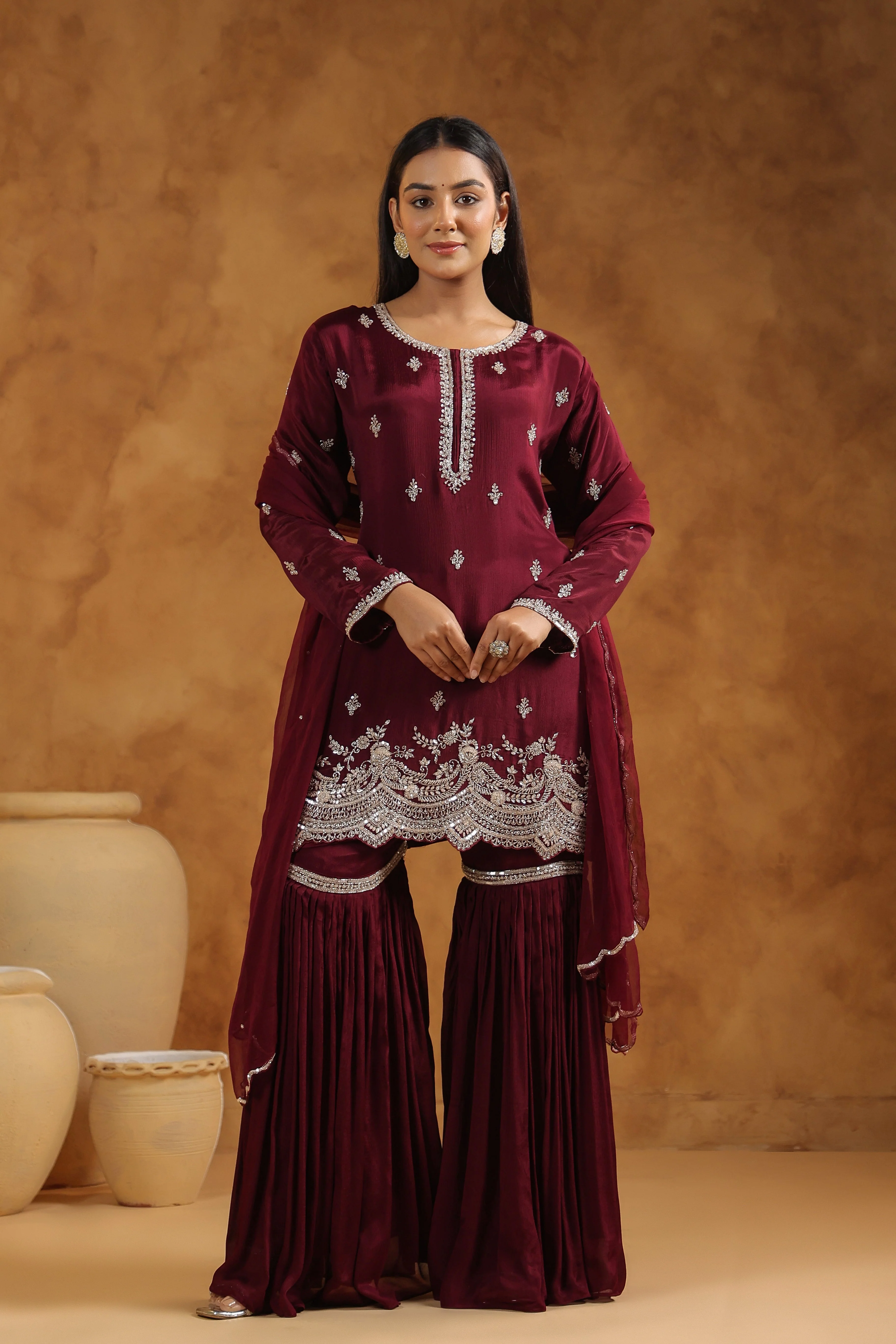 Classic Wine Embellished Chinon Silk Sharara Set - Image 6