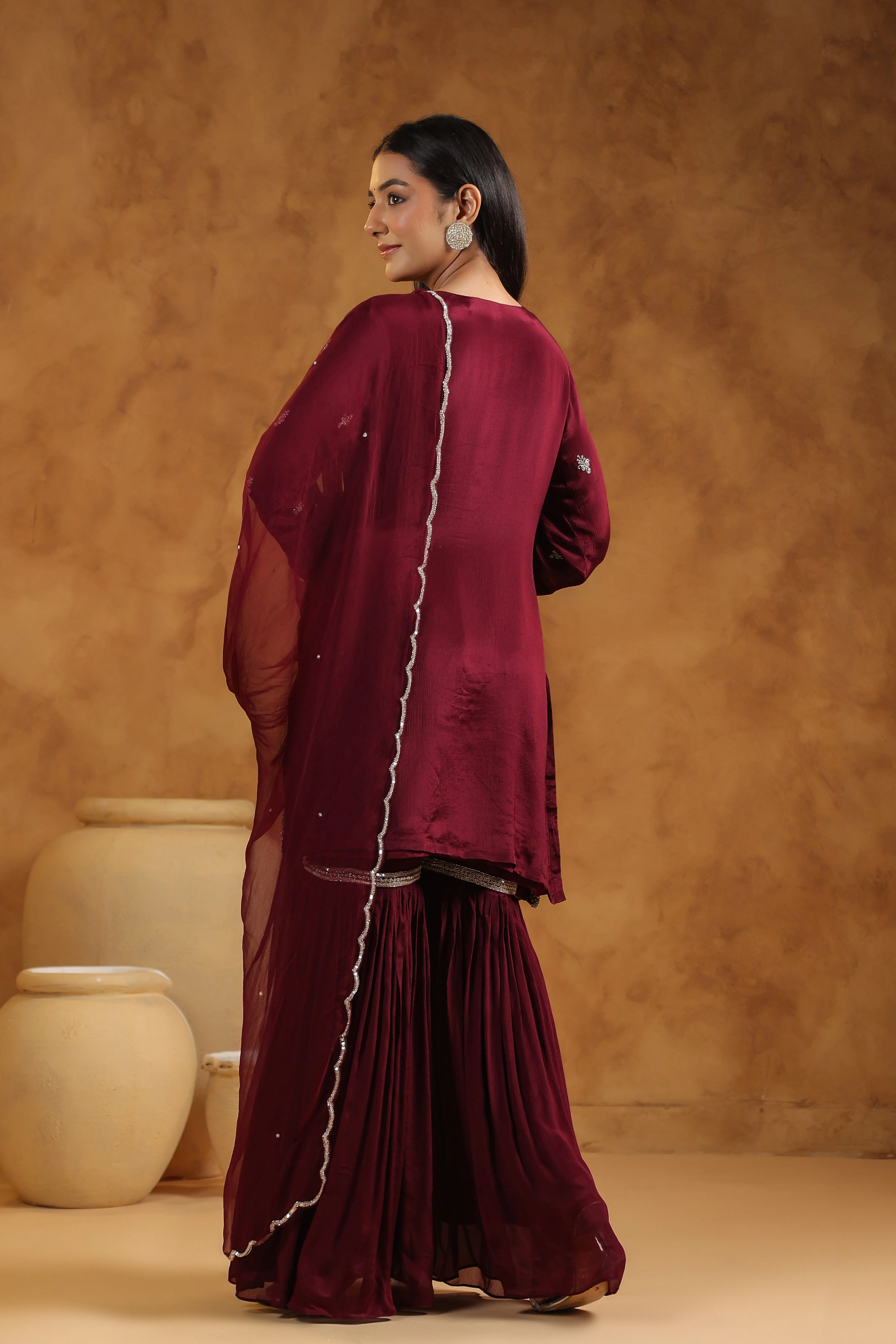 Classic Wine Embellished Chinon Silk Sharara Set - Image 7