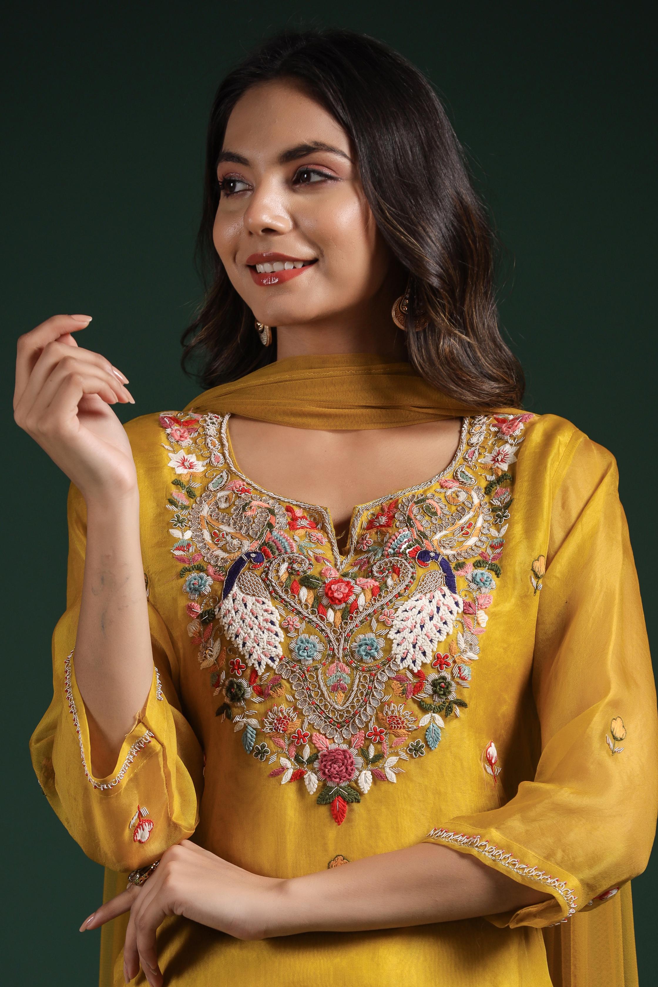 Classic Yellow Embellished Premium Organza Silk Sharara Set - Image 2