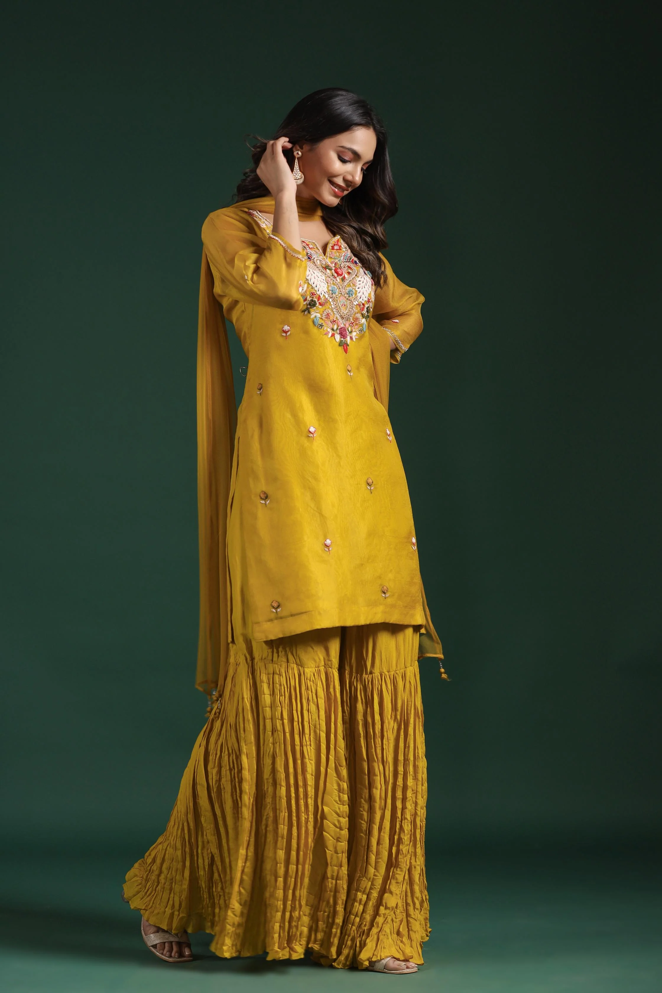 Classic Yellow Embellished Premium Organza Silk Sharara Set - Image 3