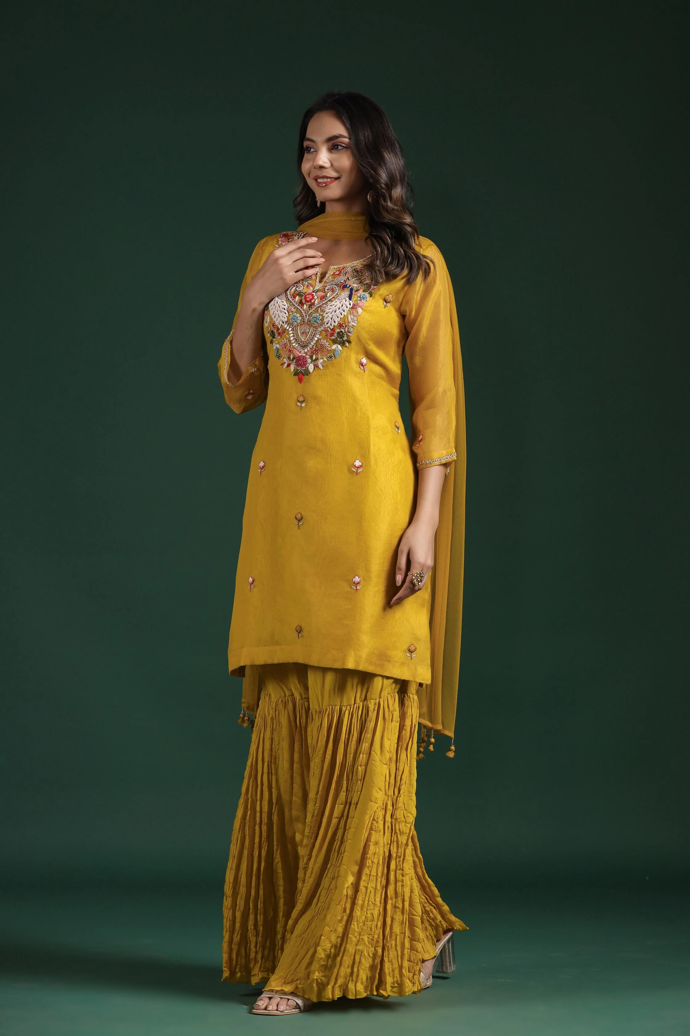 Classic Yellow Embellished Premium Organza Silk Sharara Set - Image 4