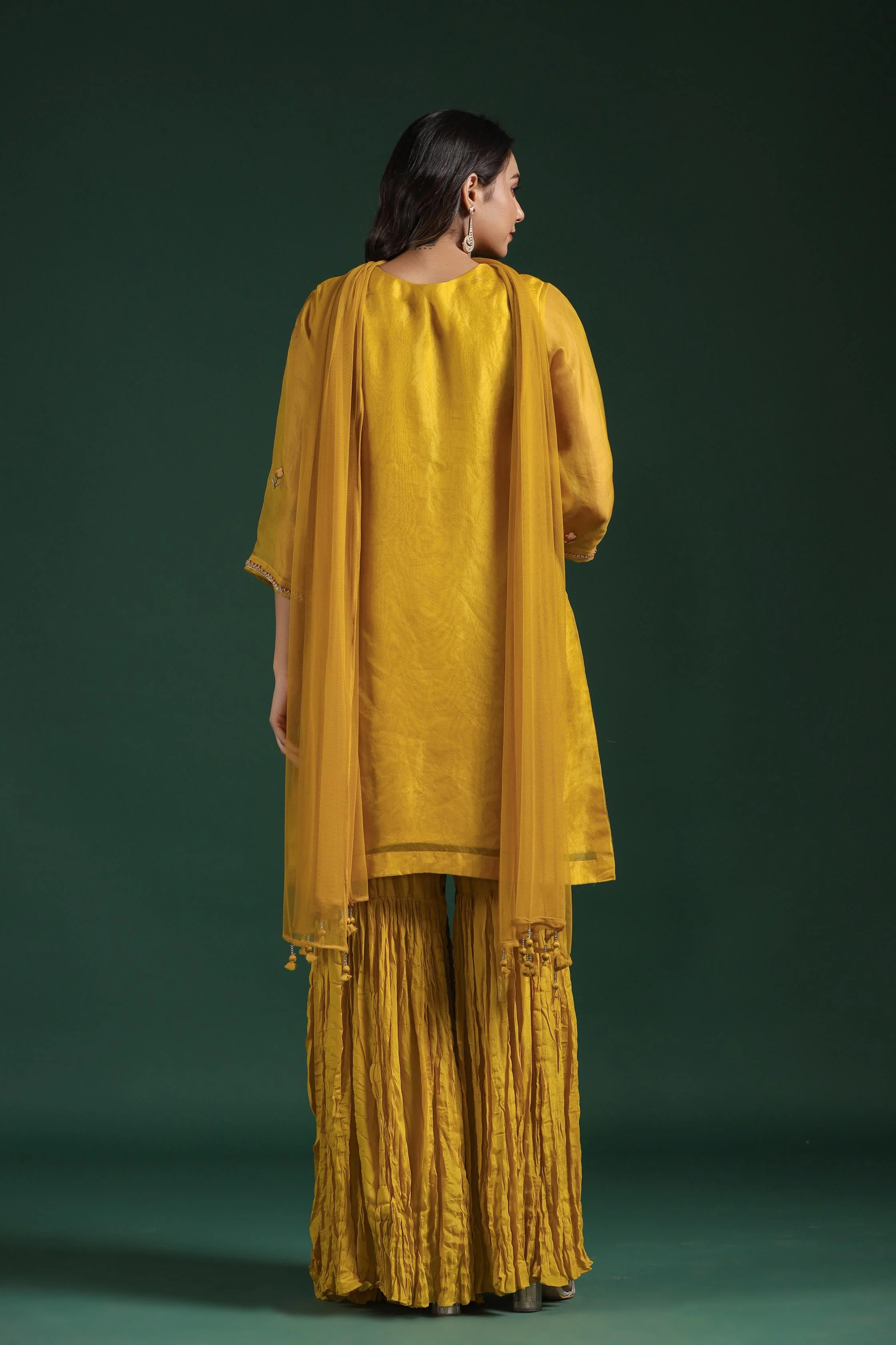 Classic Yellow Embellished Premium Organza Silk Sharara Set - Image 5