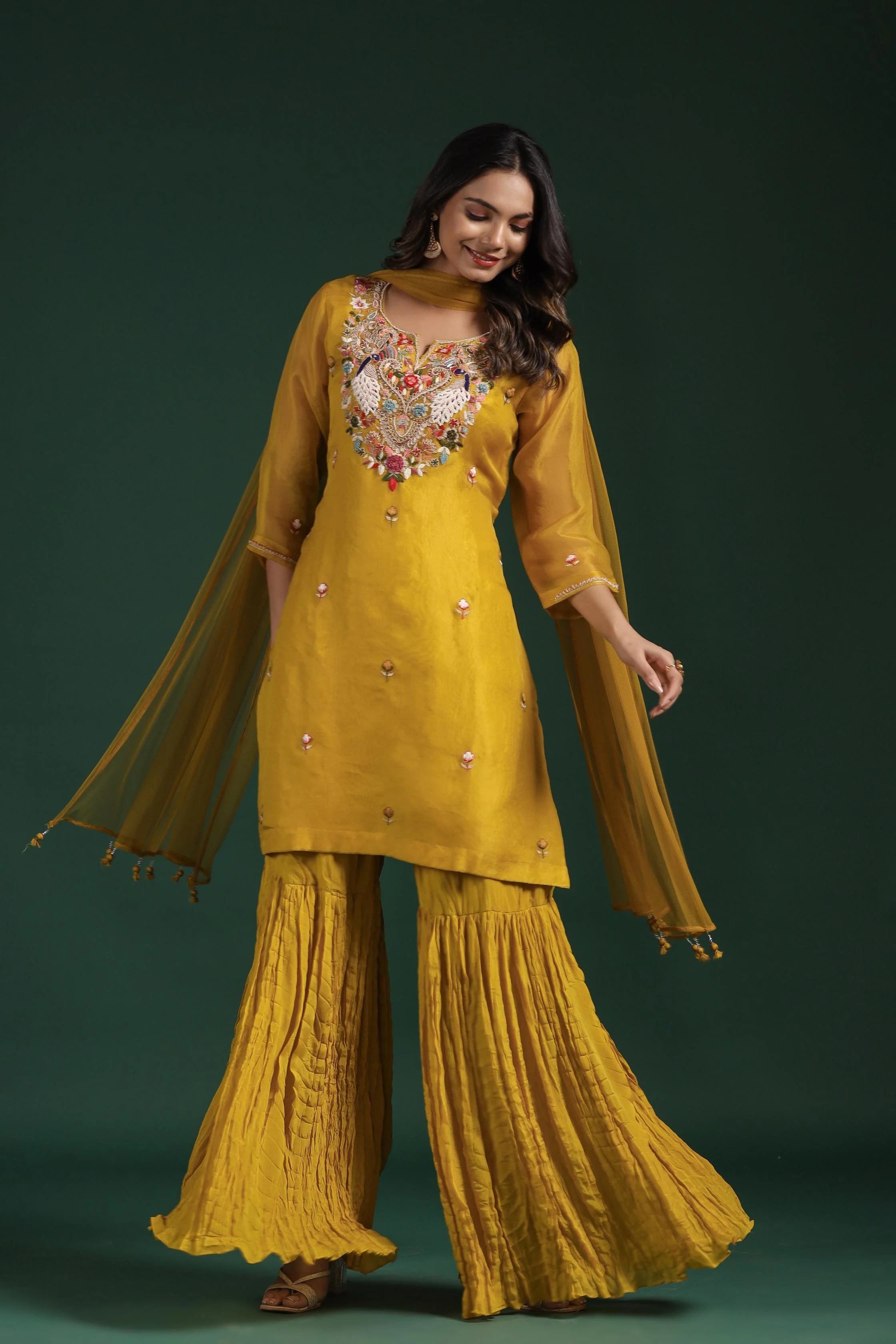 Classic Yellow Embellished Premium Organza Silk Sharara Set - Image 6