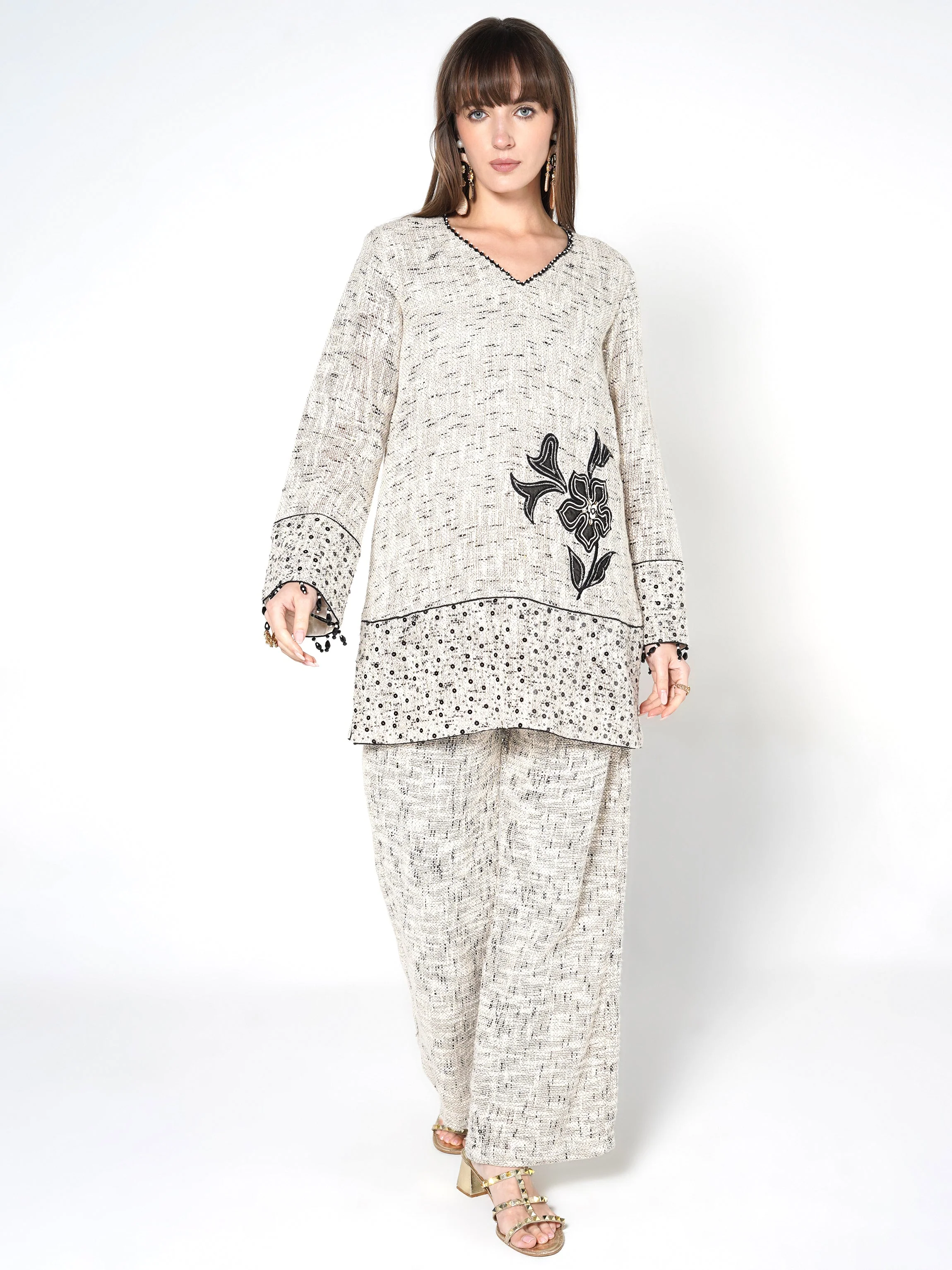 Heathered Cream & Black Floral Jute Co-ord Set