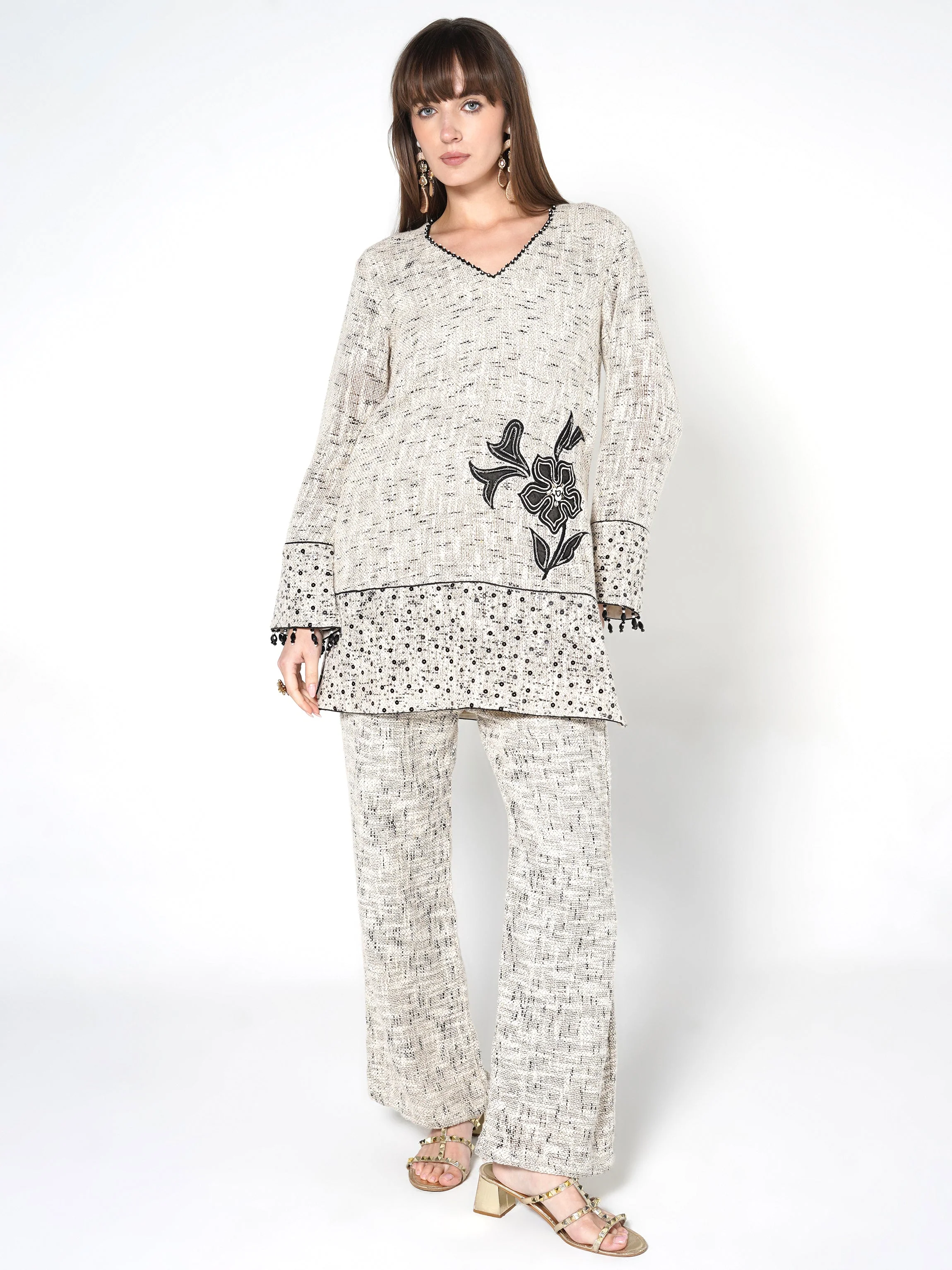 Heathered Cream & Black Floral Jute Co-ord Set - Image 3