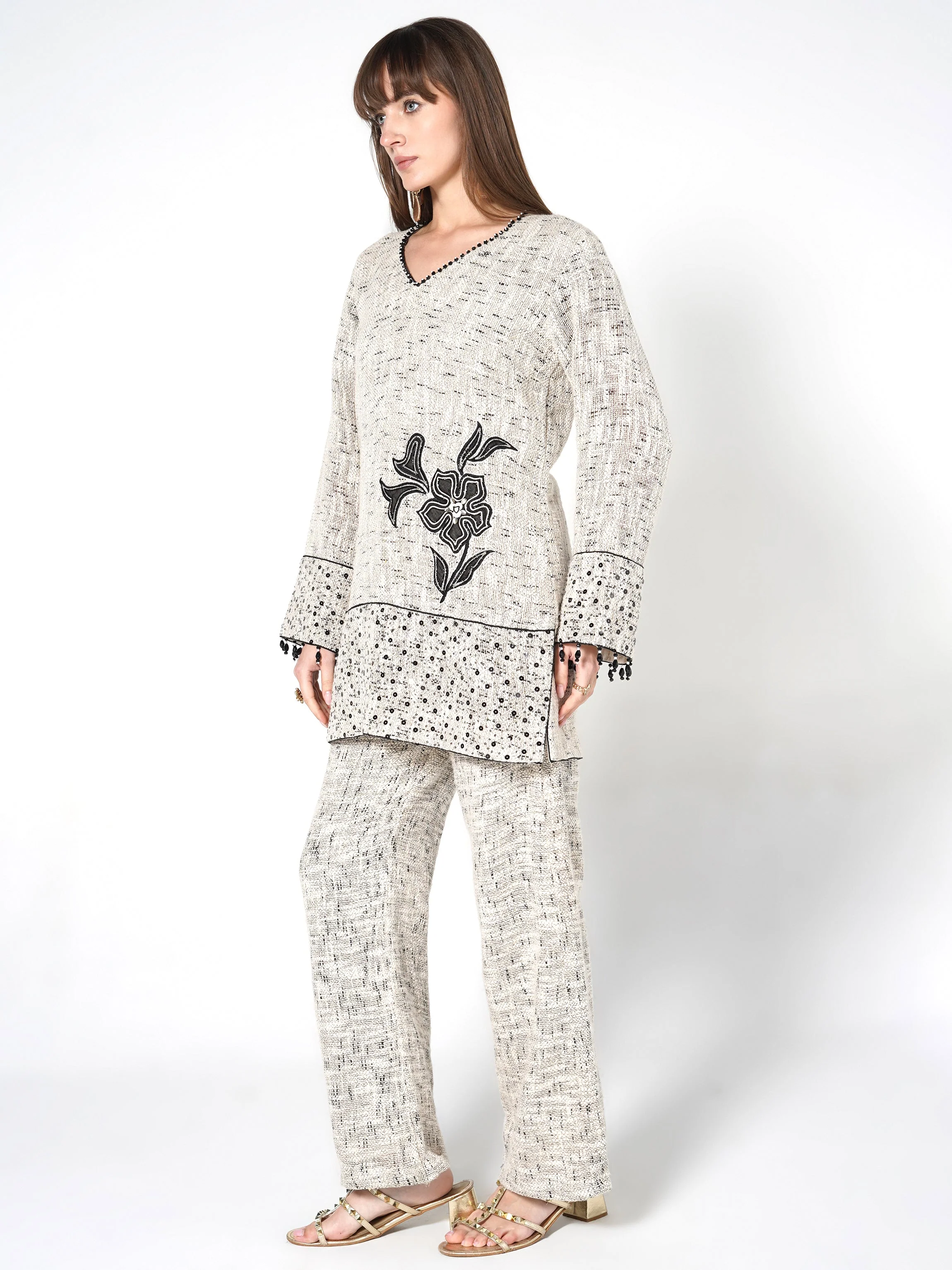 Heathered Cream & Black Floral Jute Co-ord Set - Image 4