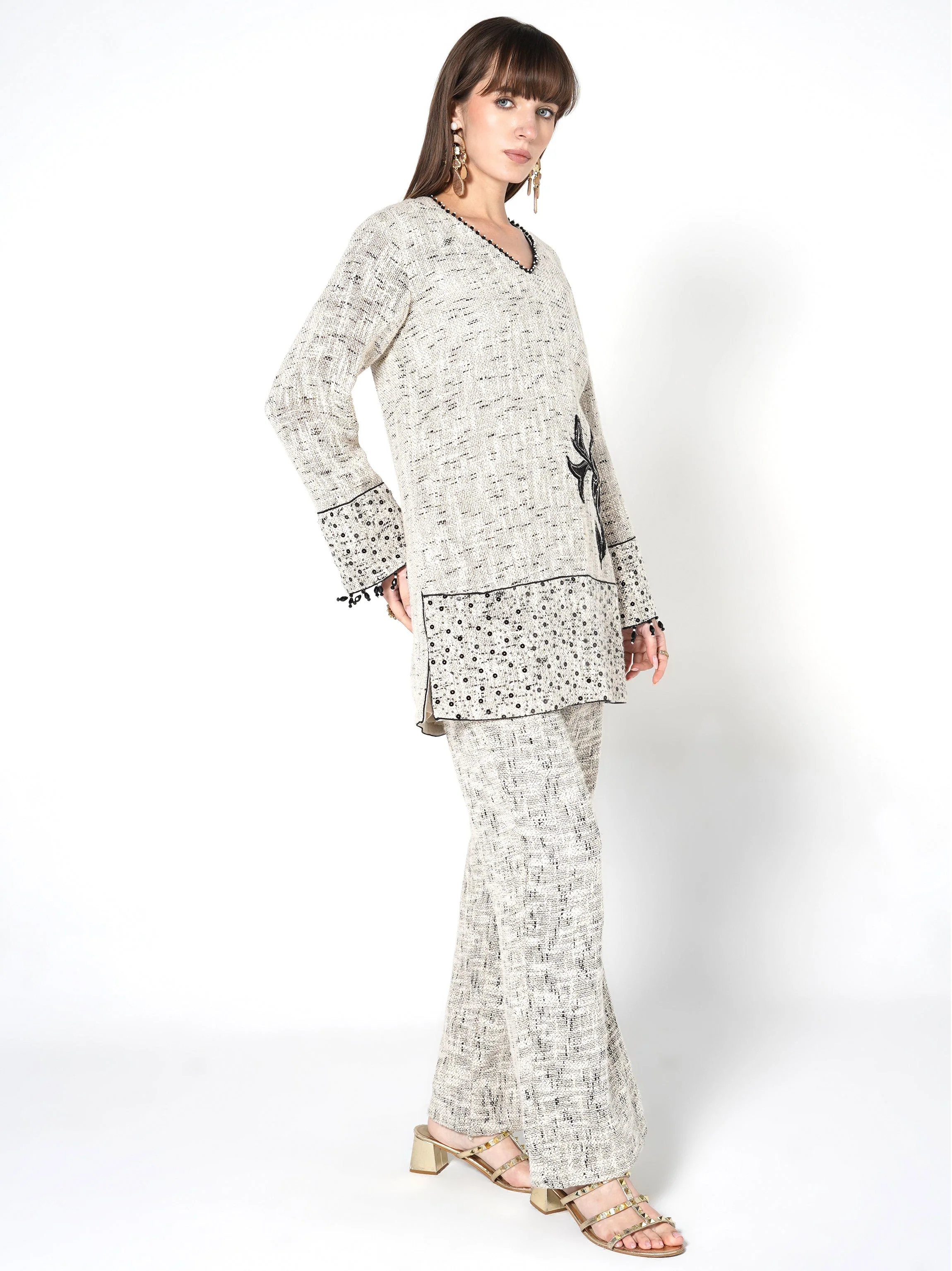 Heathered Cream & Black Floral Jute Co-ord Set - Image 5