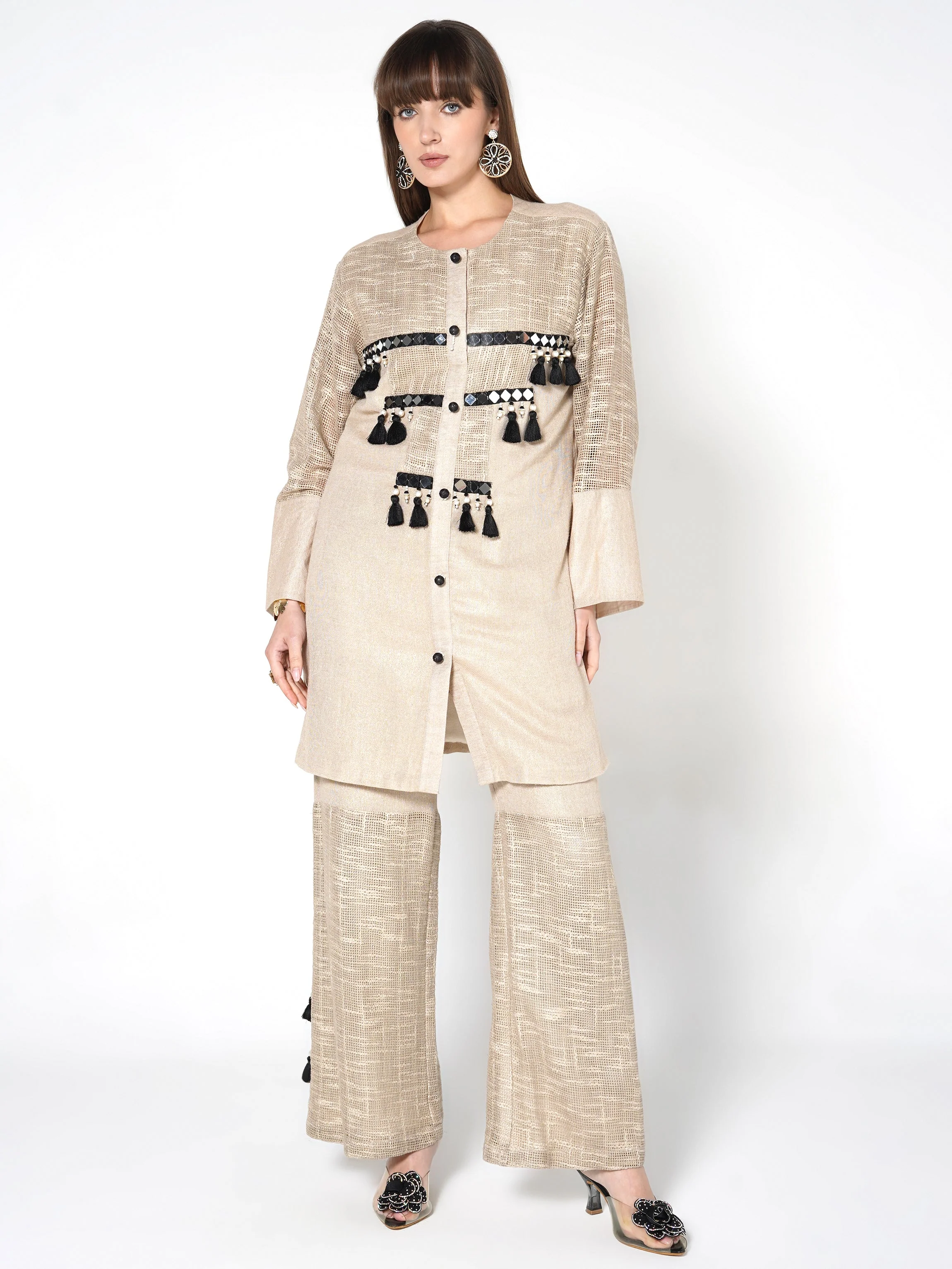 Champagne Beige Embroidered Jute Co-ord Set