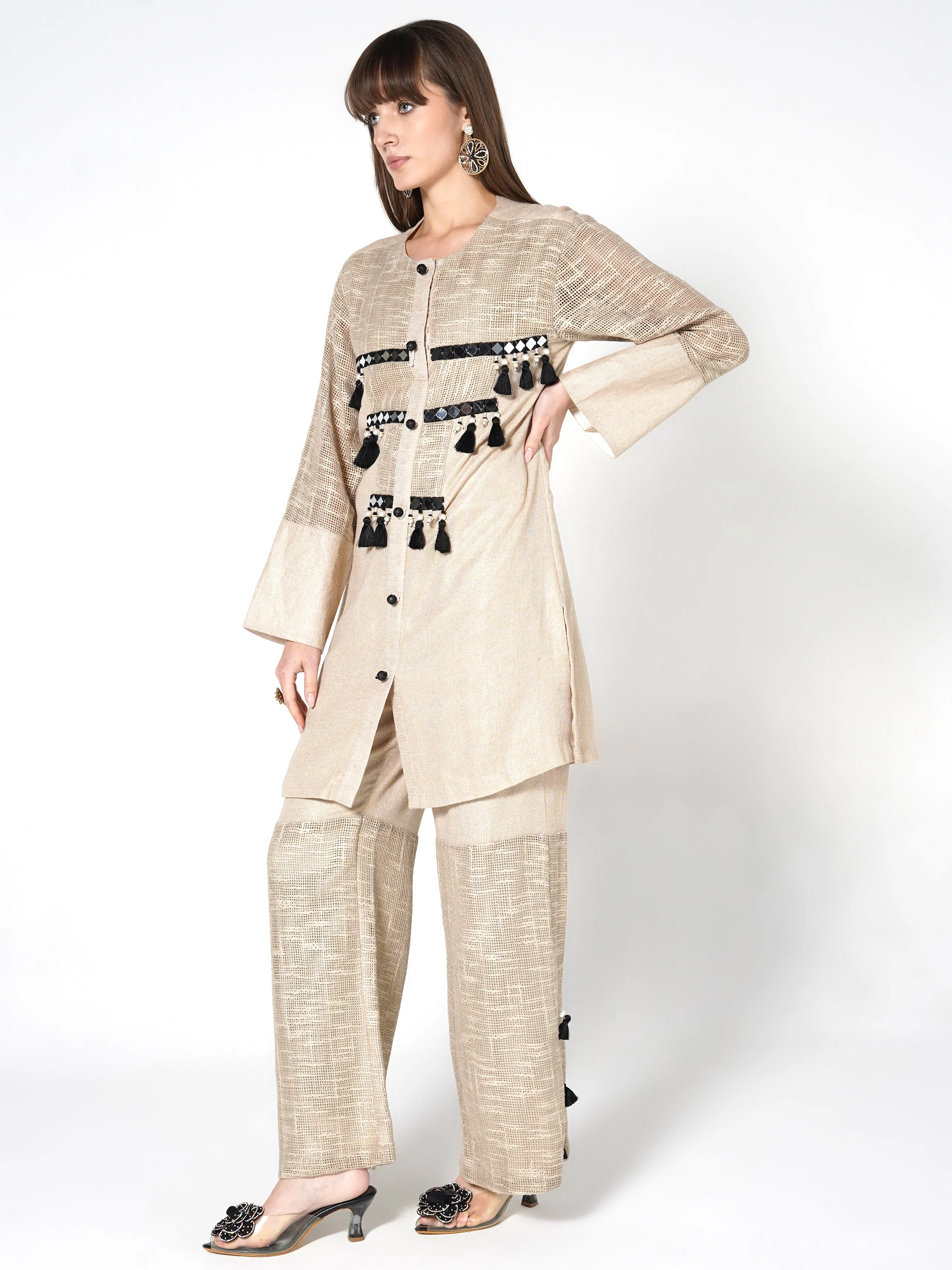 Champagne Beige Embroidered Jute Co-ord Set - Image 3