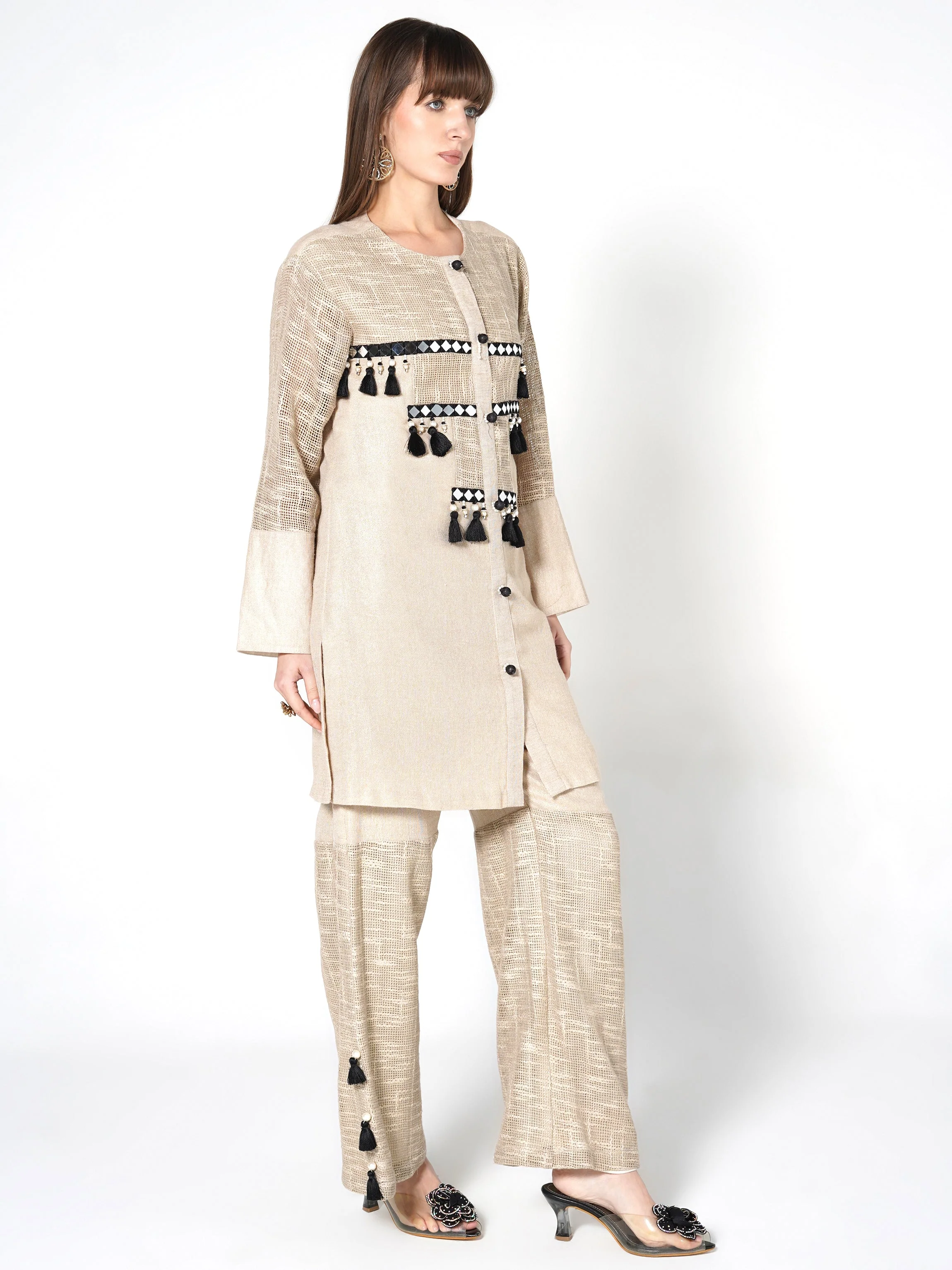 Champagne Beige Embroidered Jute Co-ord Set - Image 4