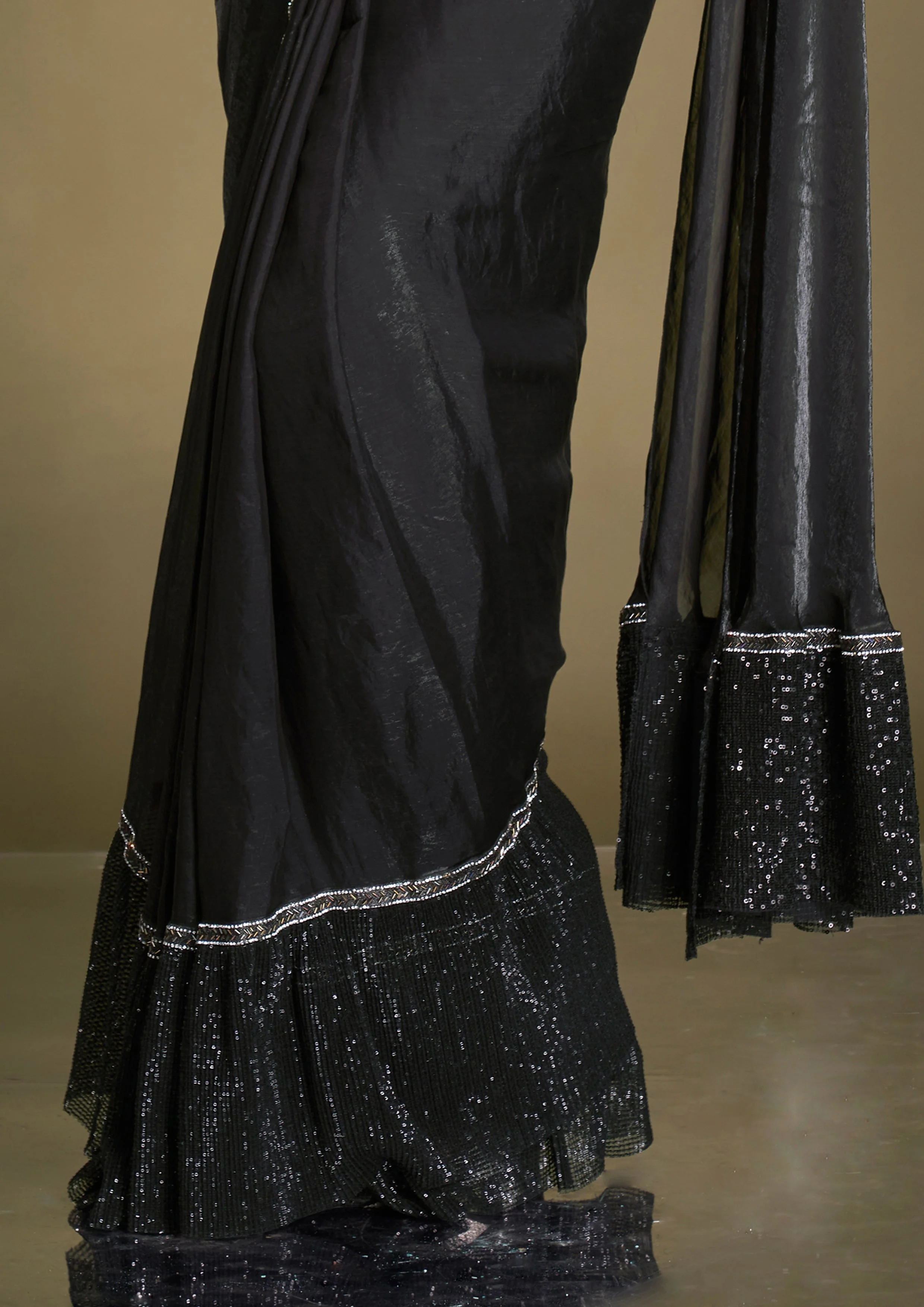 Coal Black Embellished Satin Silk Saree - Image 4