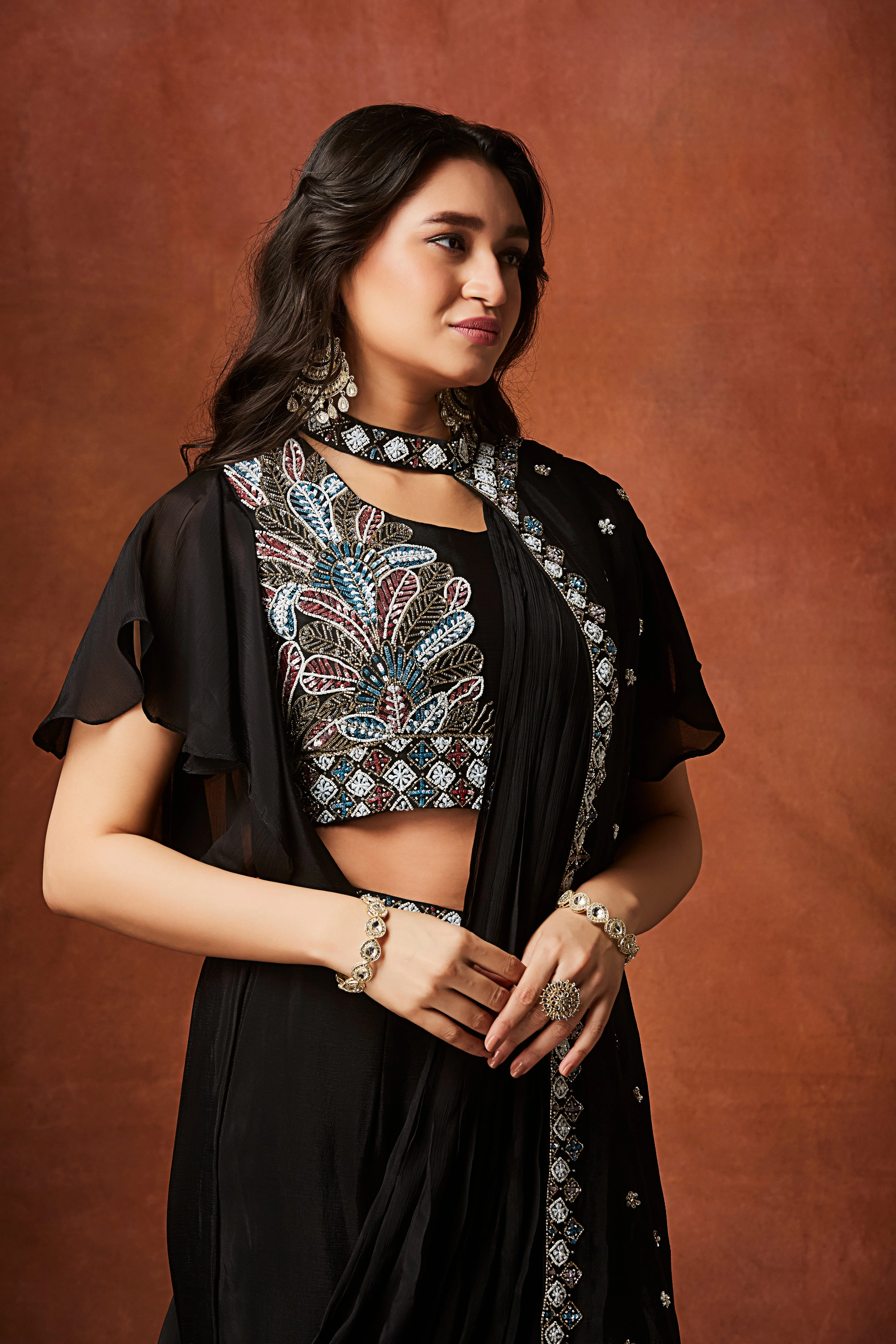 Coal Black Embellished Chinon Silk Palazzo Set - Image 2
