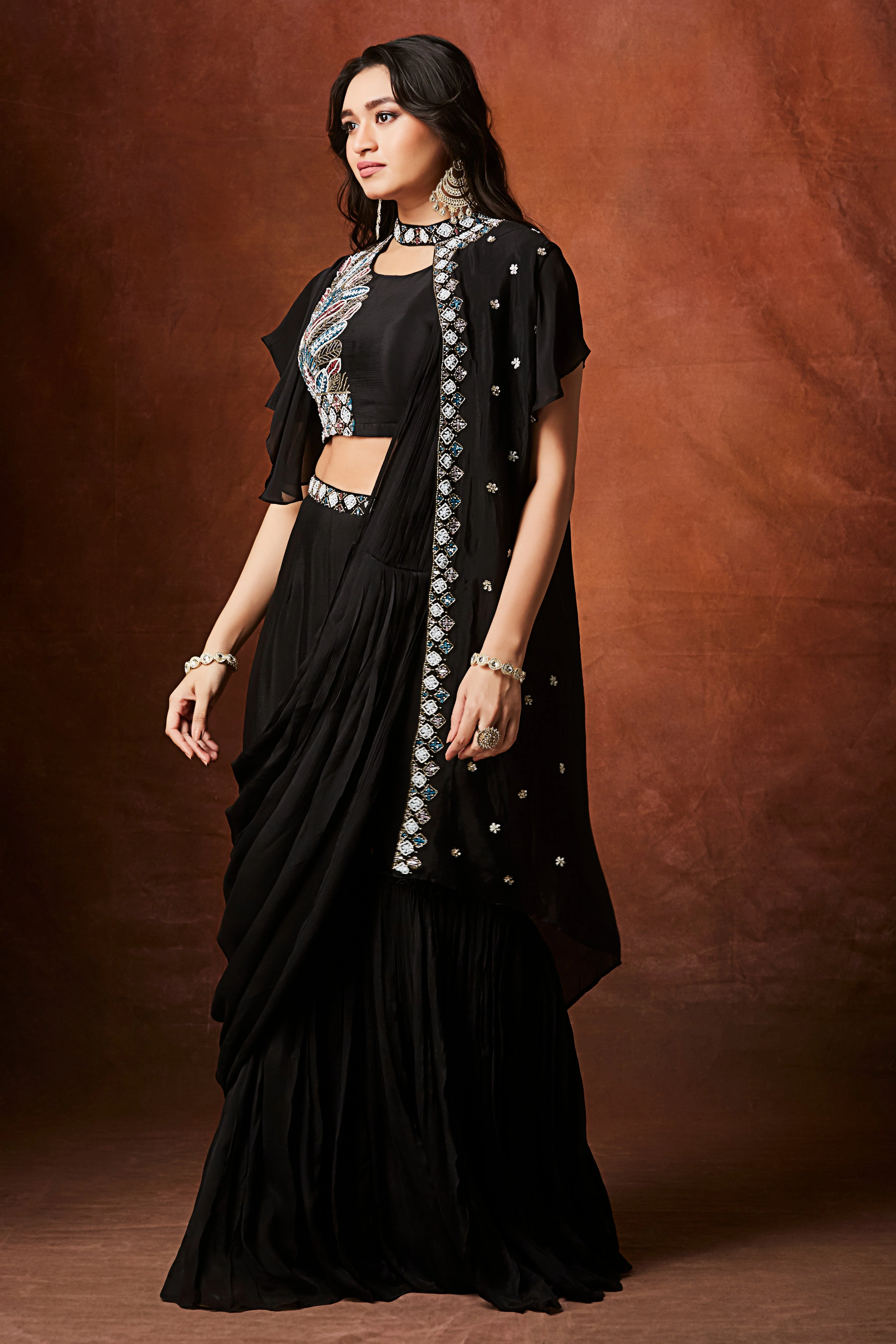 Coal Black Embellished Chinon Silk Palazzo Set - Image 3